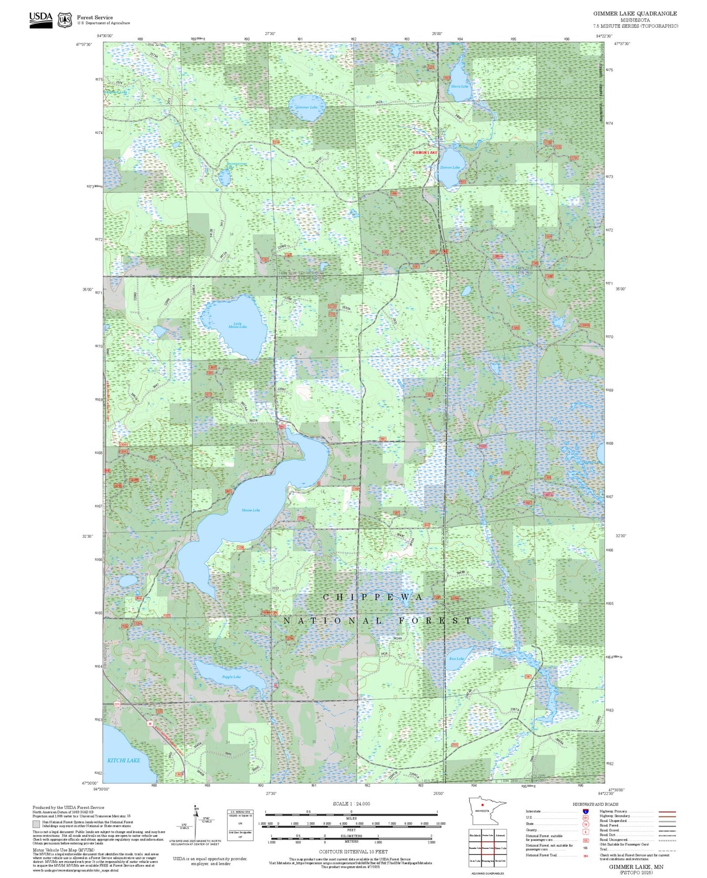 2025 Forest Service Topo Map of Gimmer Lake Minnesota