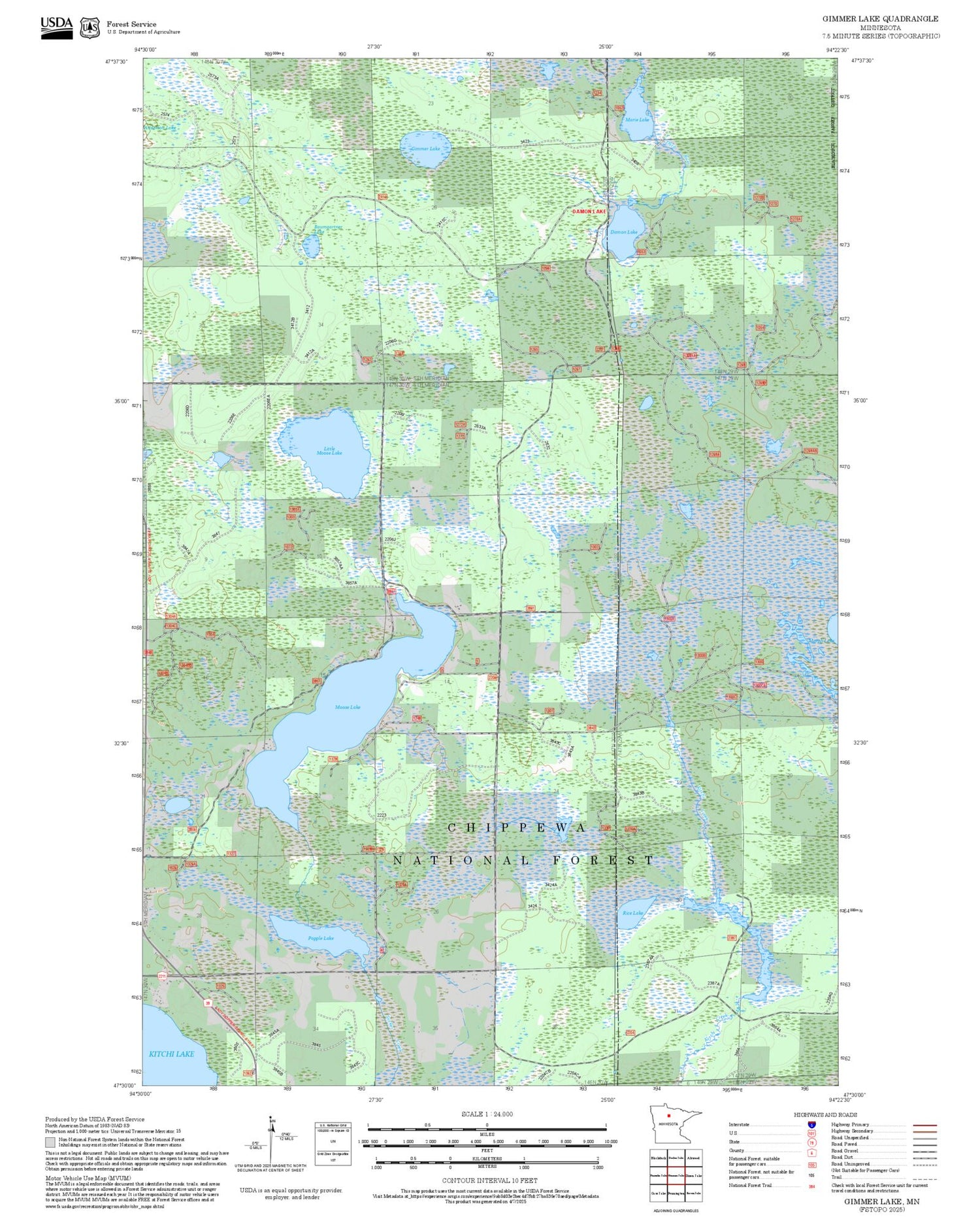2025 Forest Service Topo Map of Gimmer Lake Minnesota