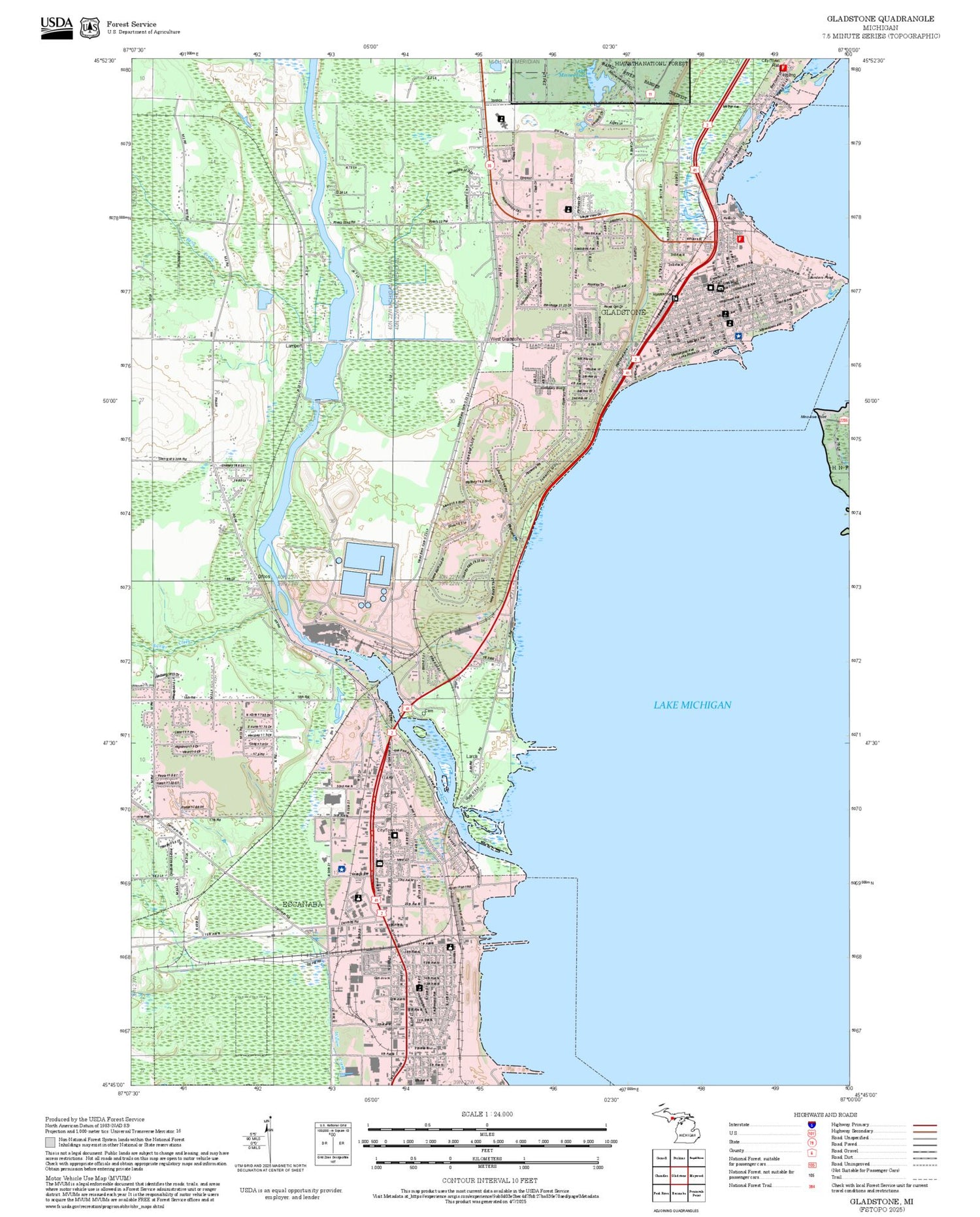 2025 Forest Service Topo Map of Gladstone Michigan