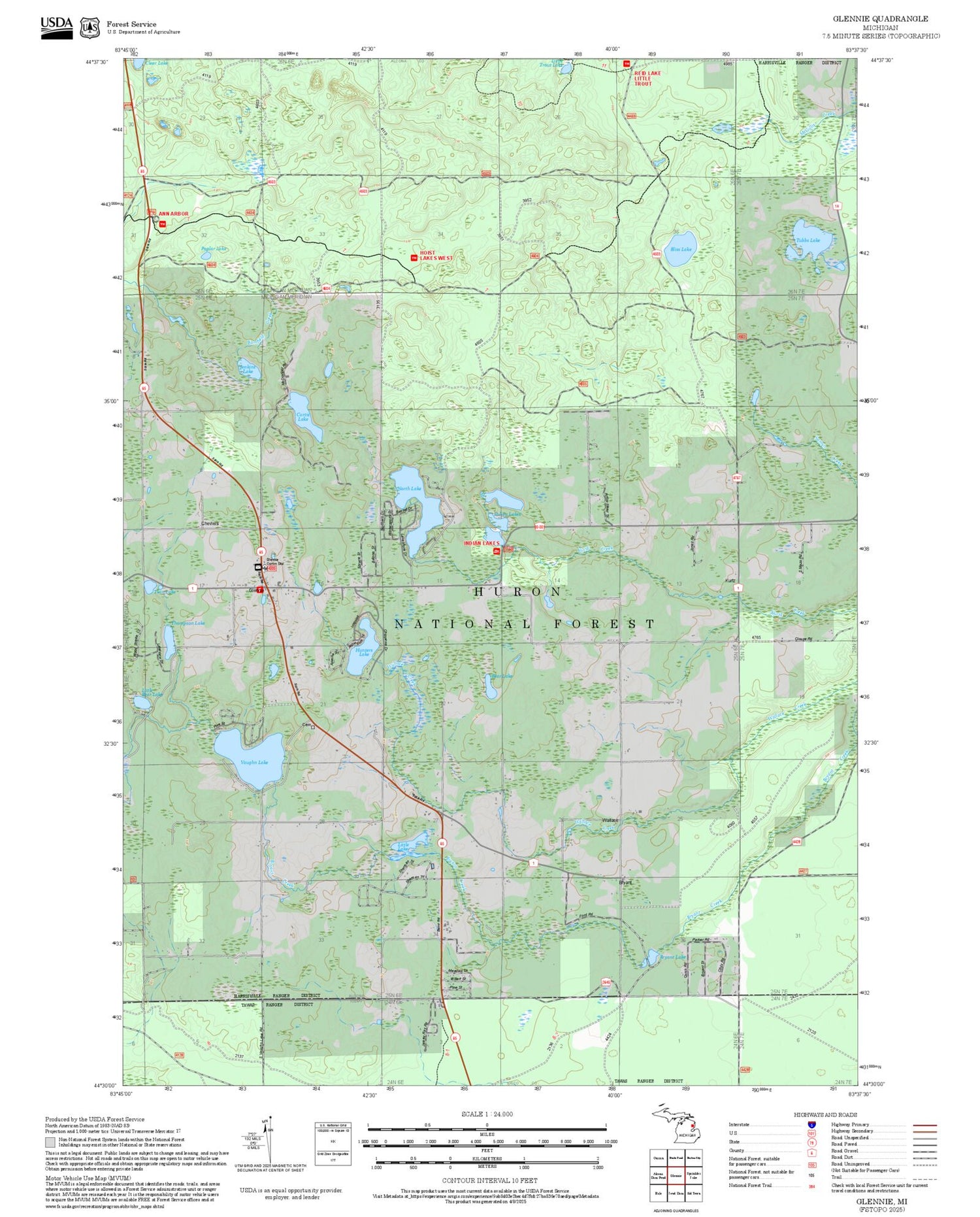 2025 Forest Service Topo Map of Glennie Michigan