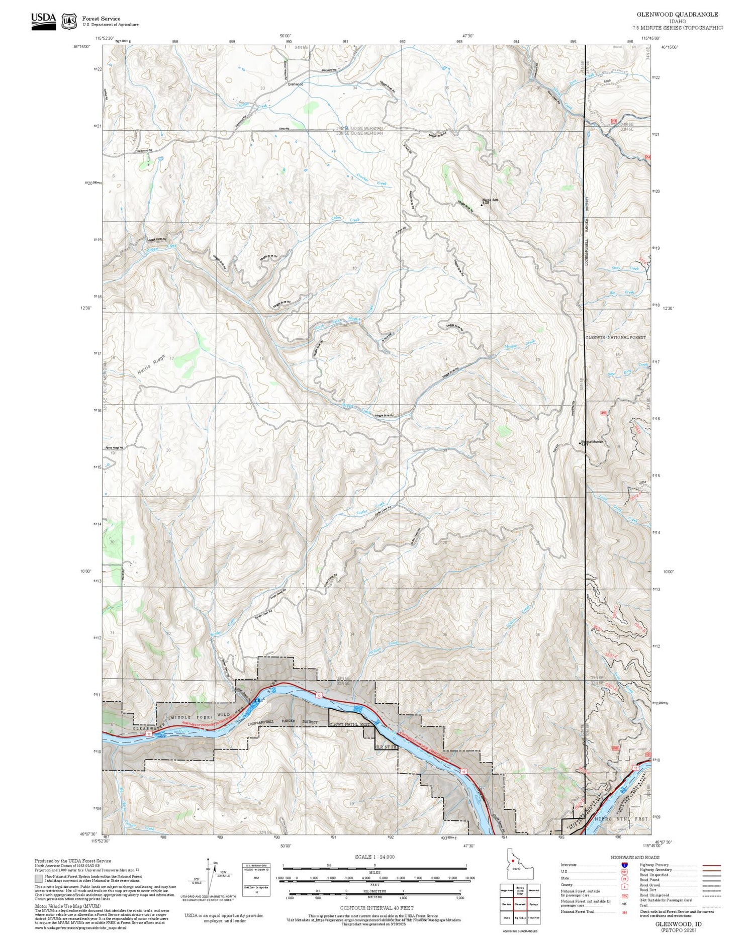 2025 Forest Service Topo Map of Glenwood Idaho