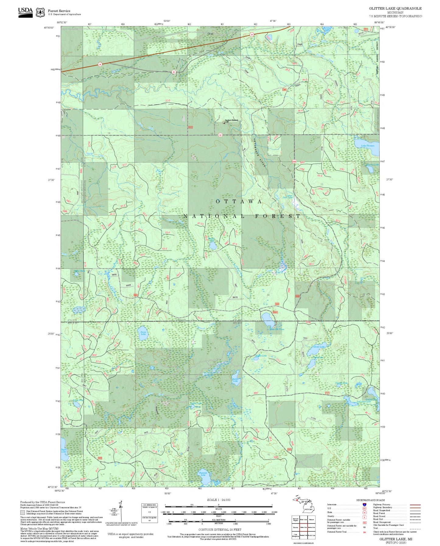 2025 Forest Service Topo Map of Glitter Lake Michigan