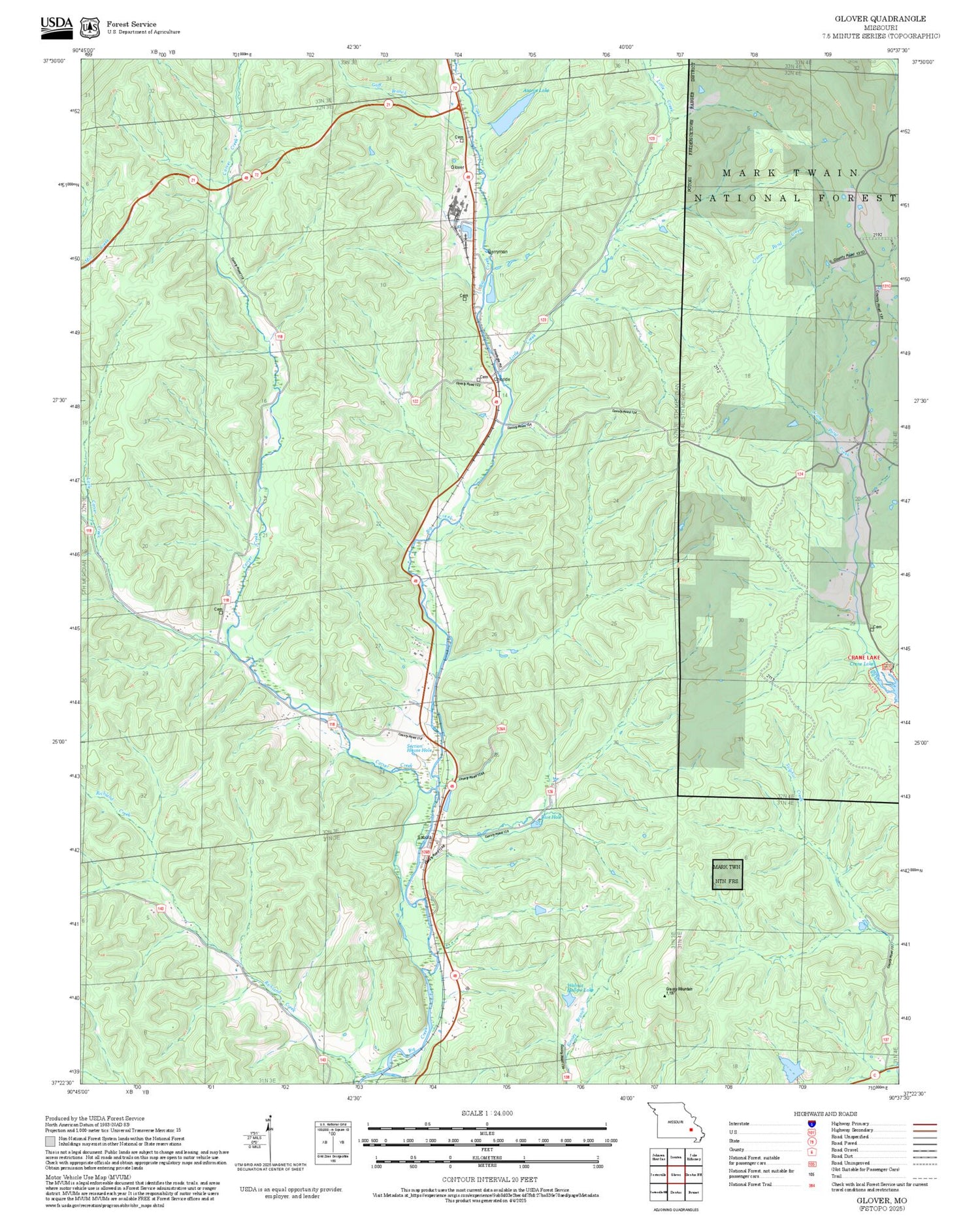 2025 Forest Service Topo Map of Glover Missouri