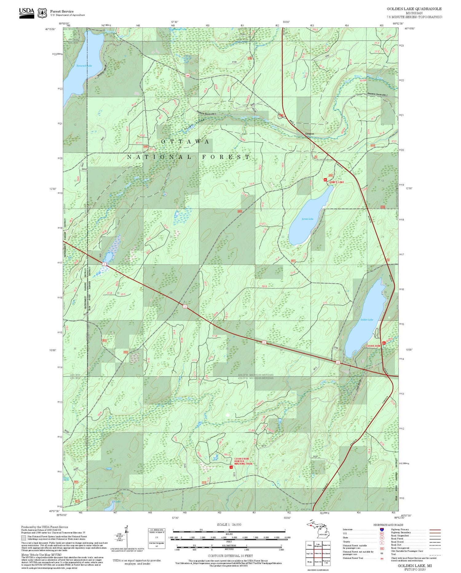 2025 Forest Service Topo Map of Golden Lake Michigan