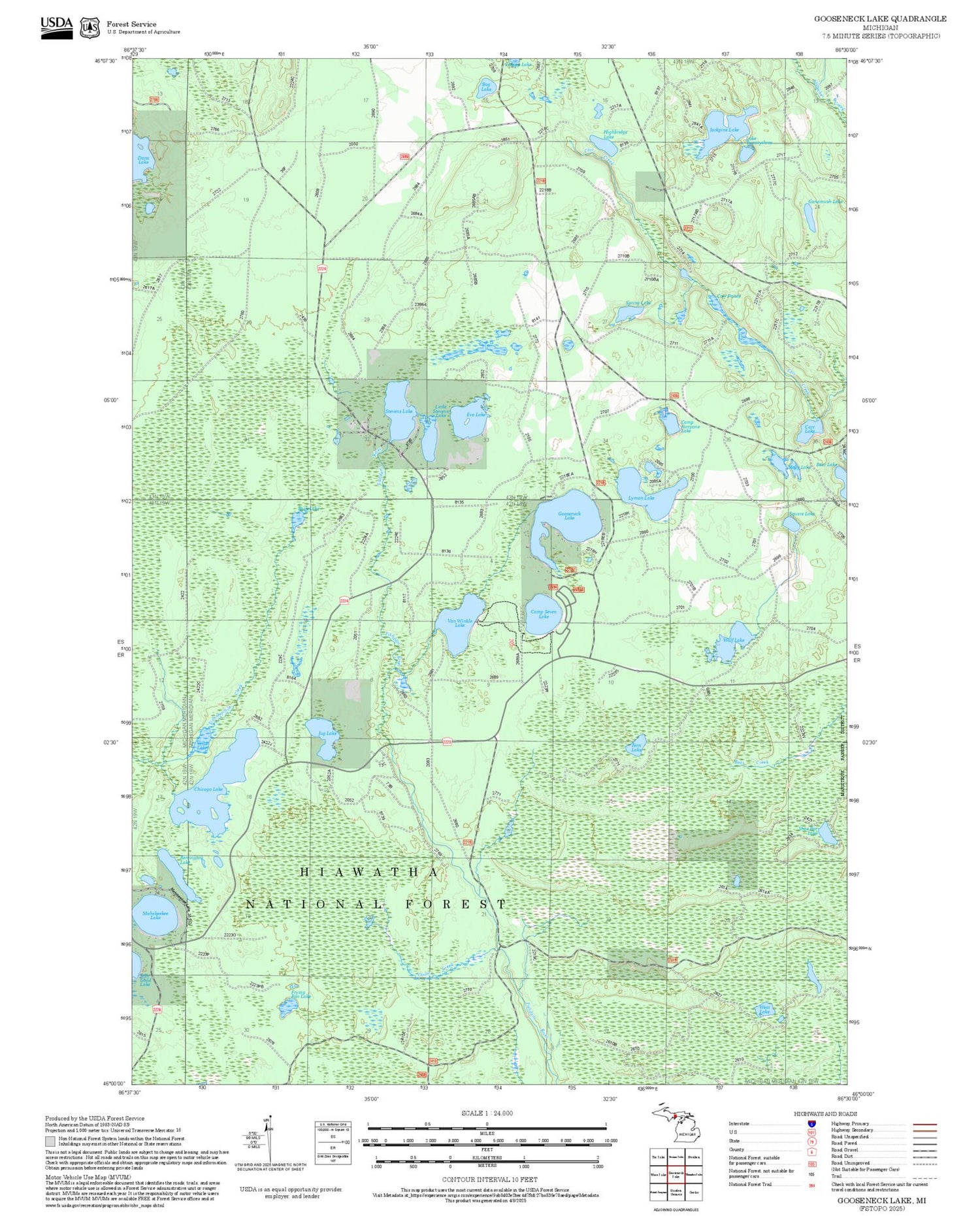 2025 Forest Service Topo Map of Gooseneck Lake Michigan