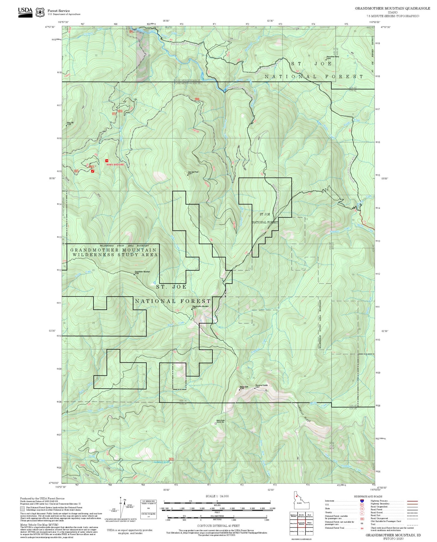 2025 Forest Service Topo Map of Grandmother Mountain Idaho