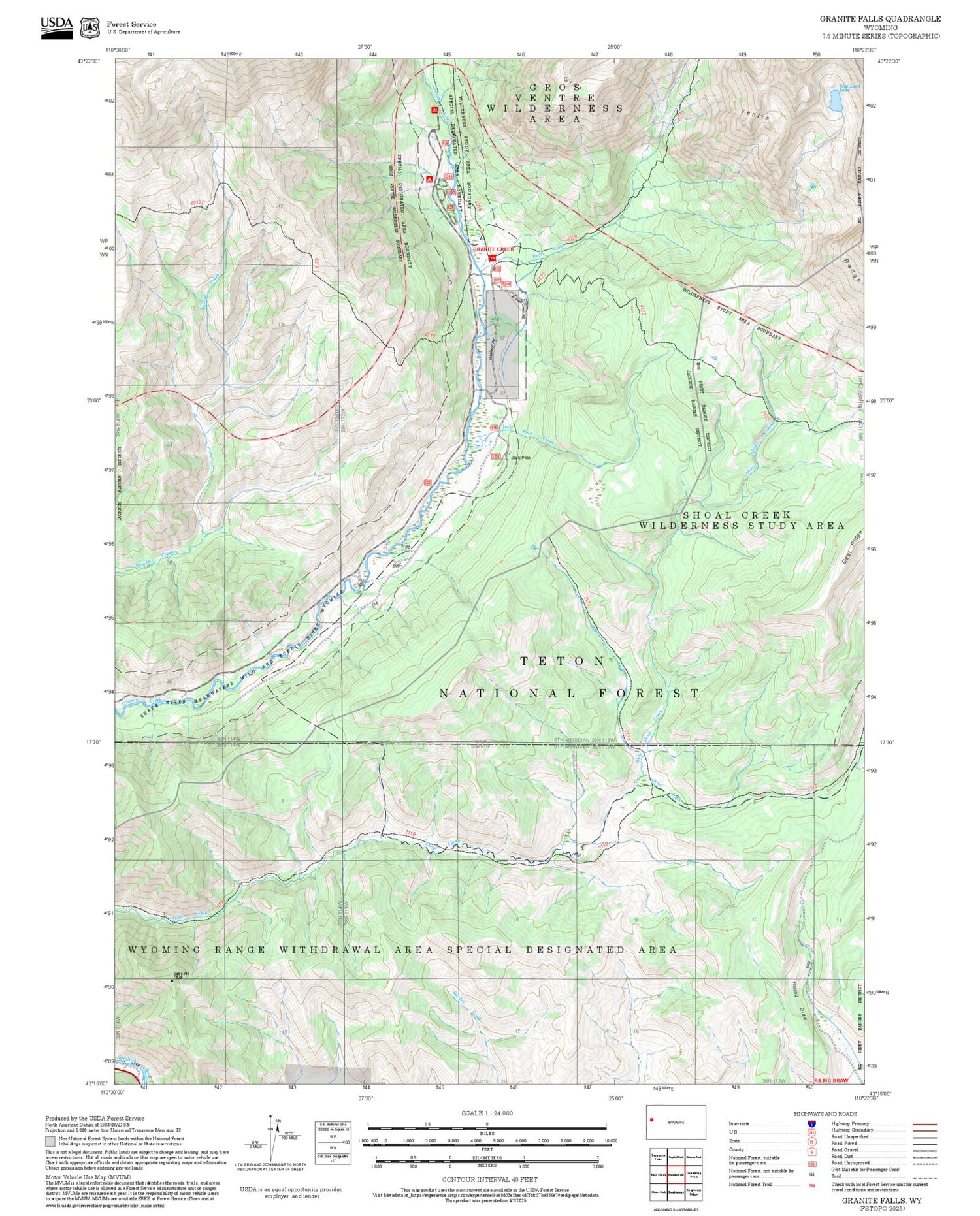 2025 Forest Service Topo Map of Granite Falls Wyoming