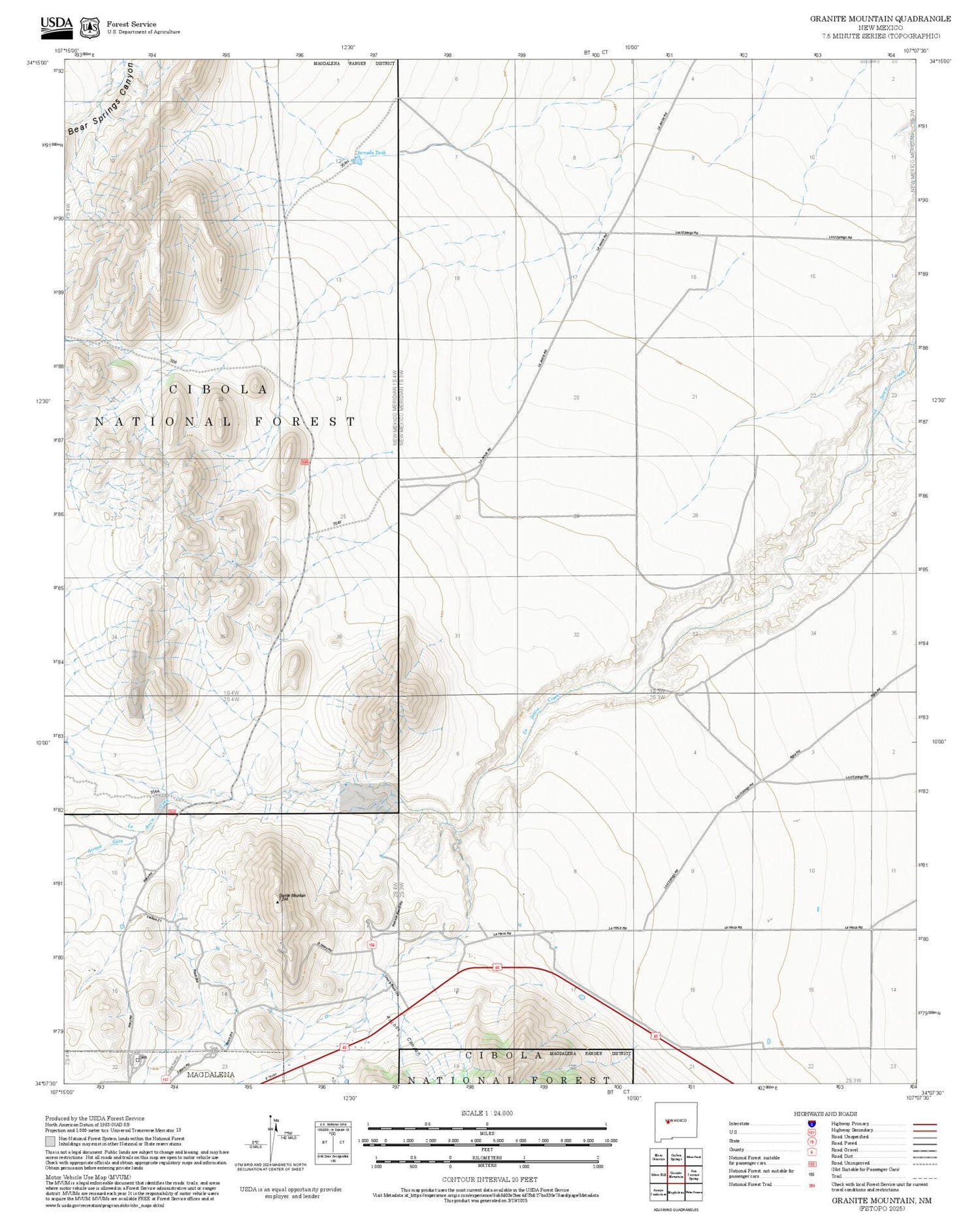 2025 Forest Service Topo Map of Granite Mountain New Mexico