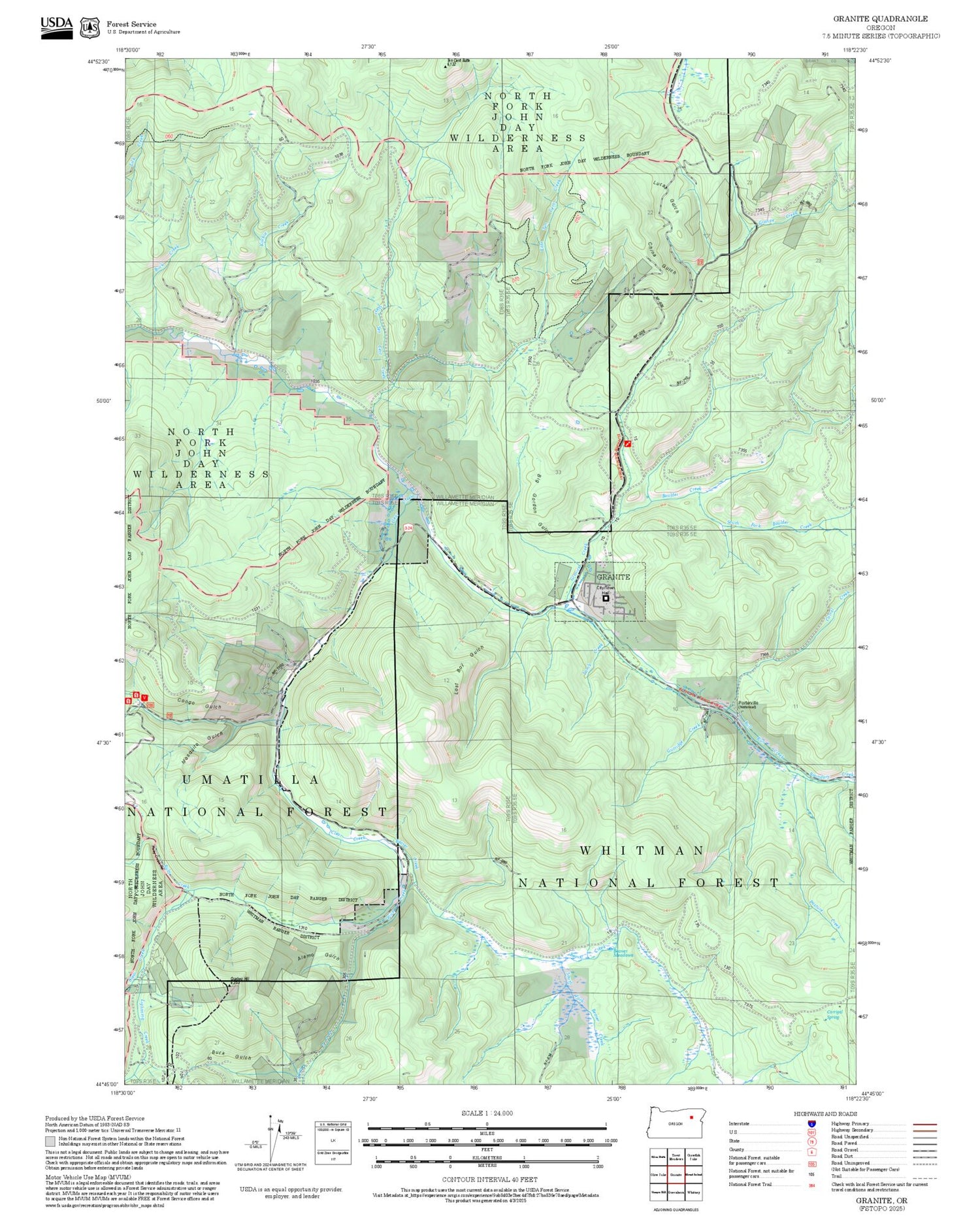2025 Forest Service Topo Map of Granite Oregon