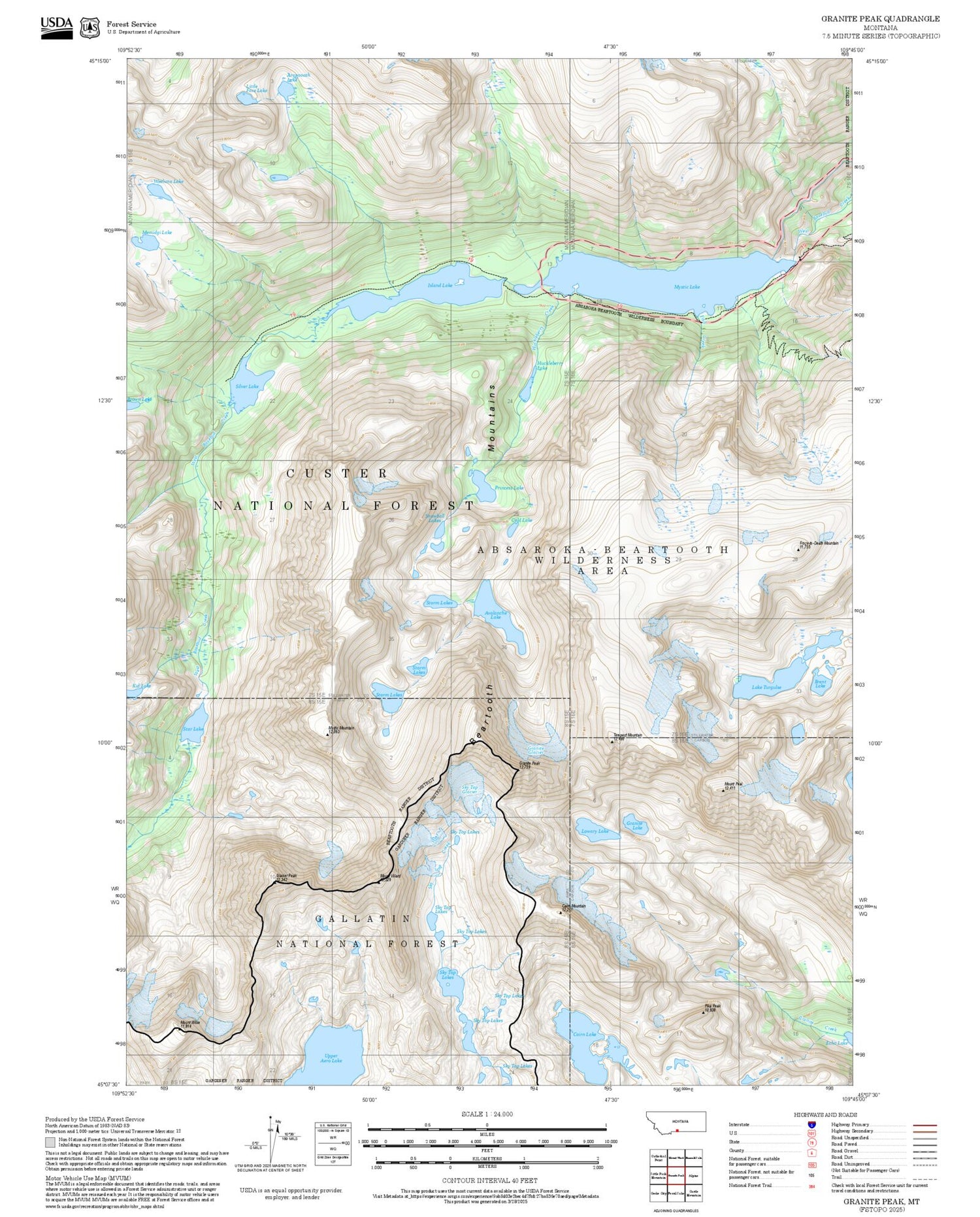 2025 Forest Service Topo Map of Granite Peak Montana