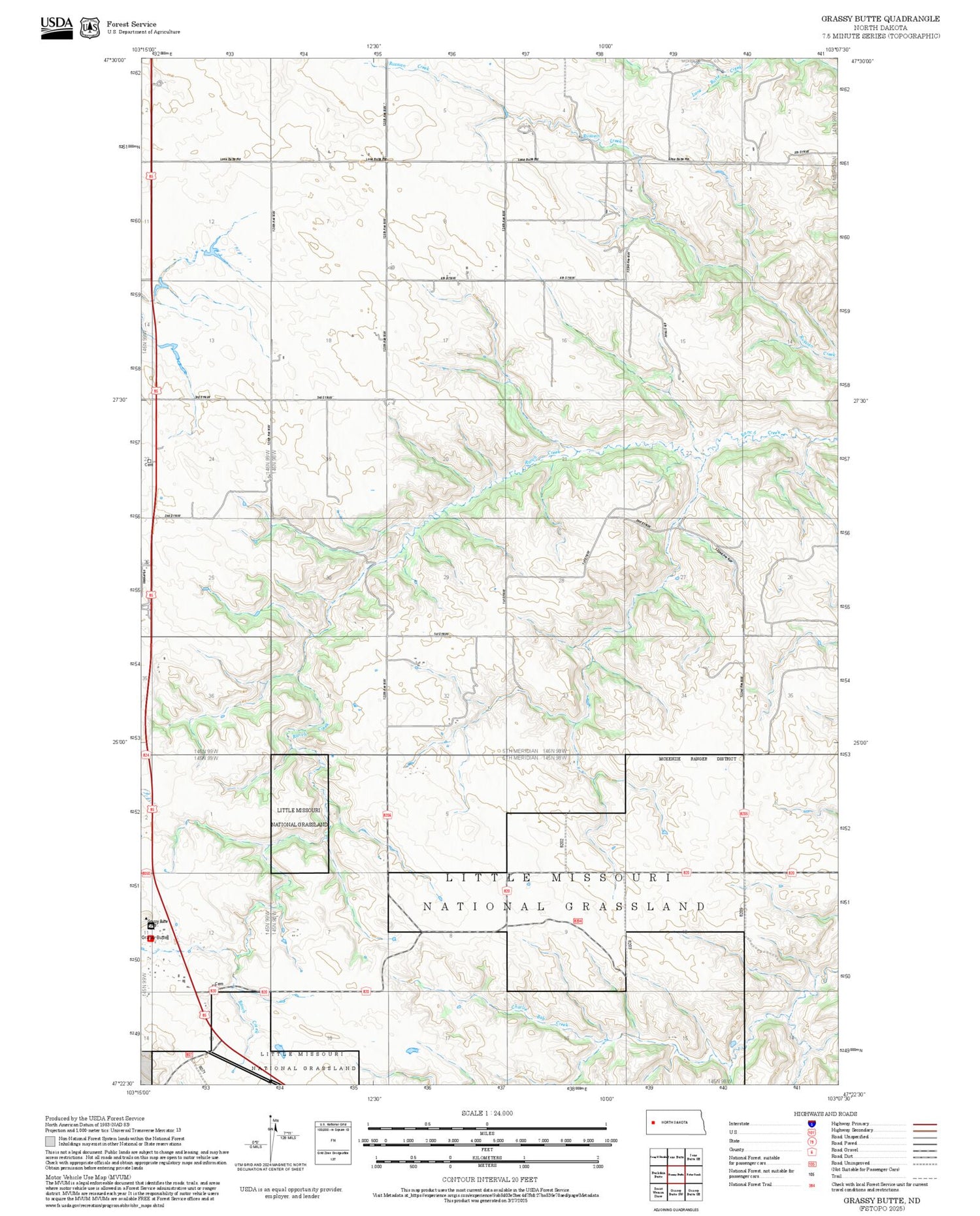 2025 Forest Service Topo Map of Grassy Butte North Dakota