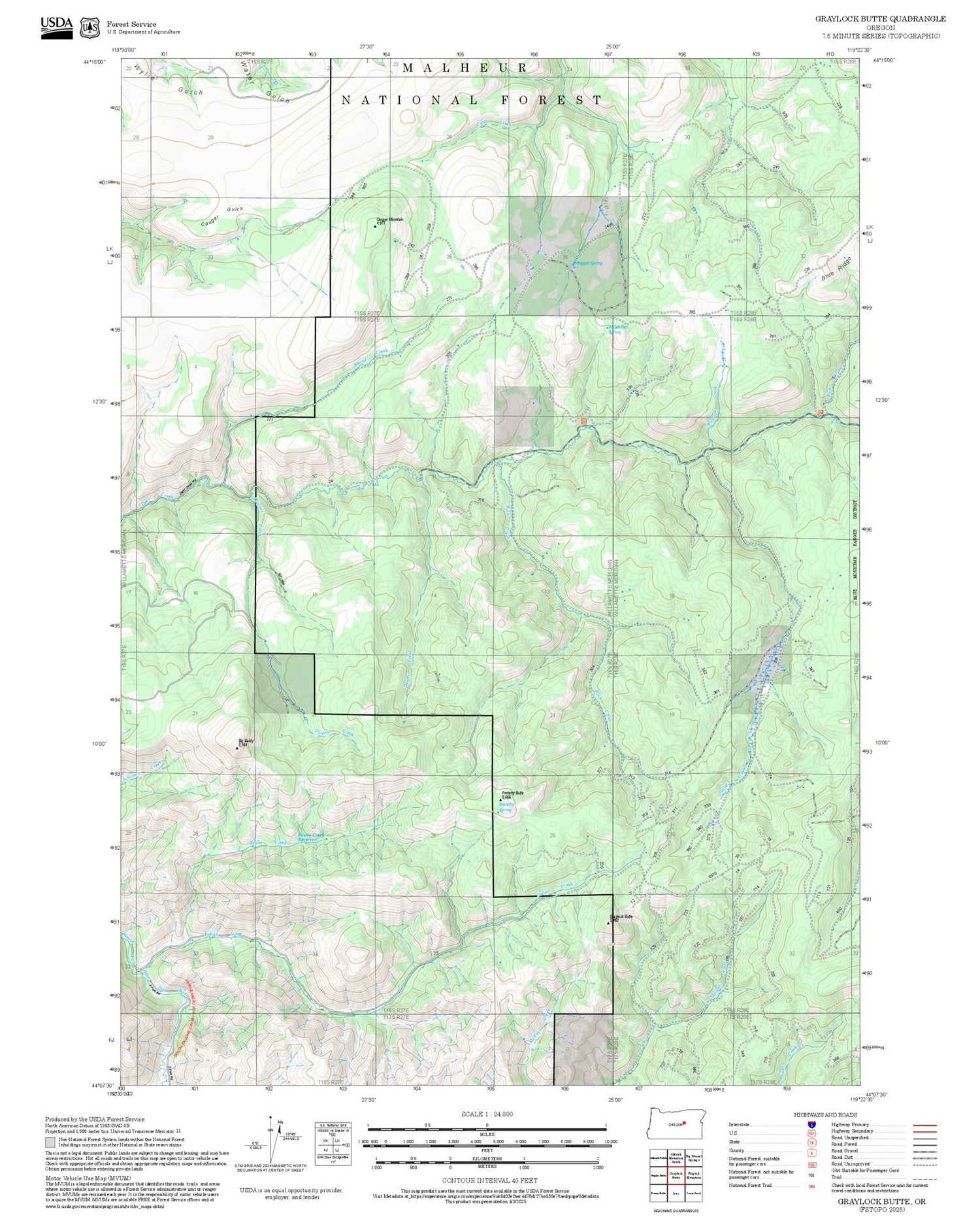 2025 Forest Service Topo Map of Graylock Butte Oregon