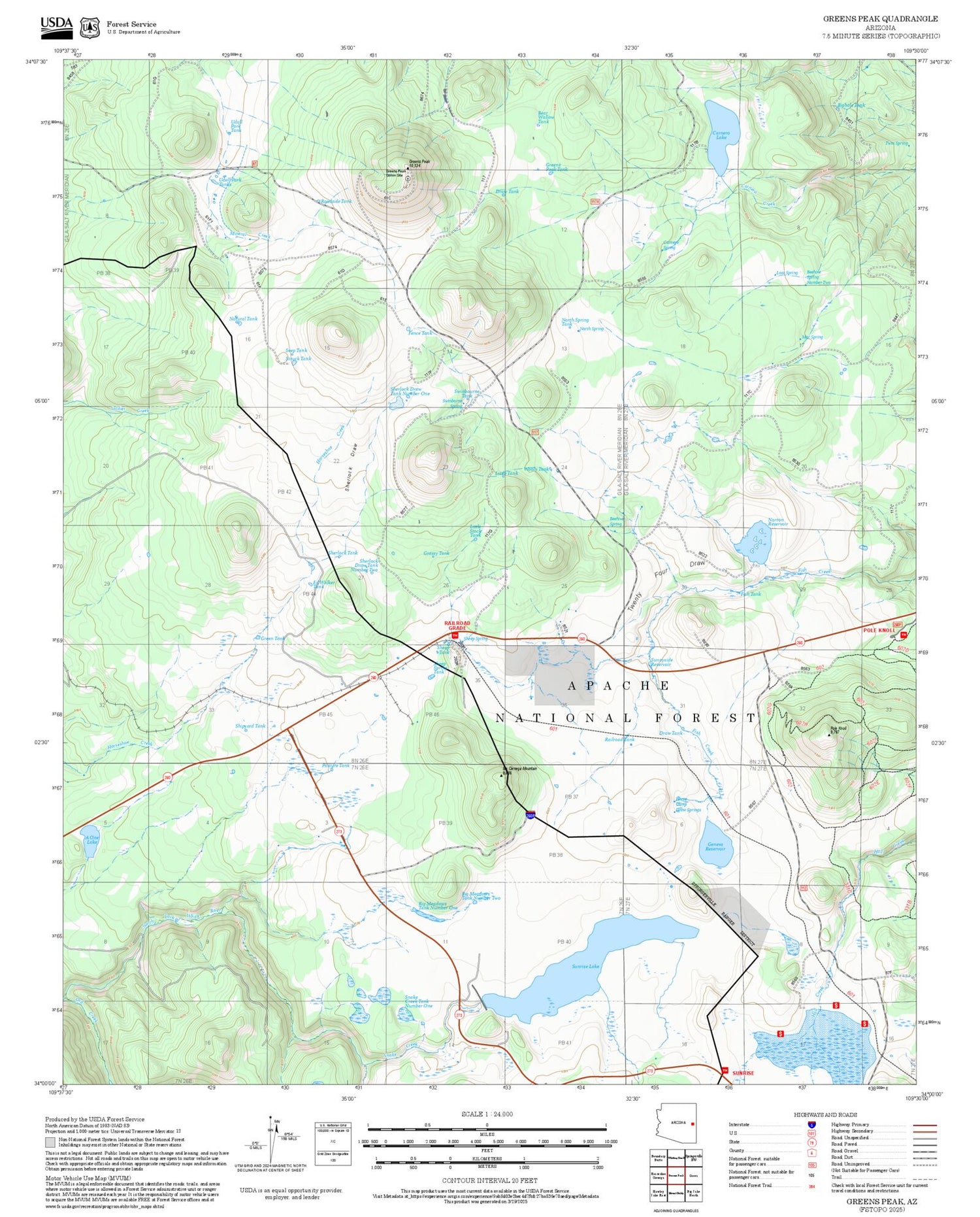 2025 Forest Service Topo Map of Greens Peak Arizona