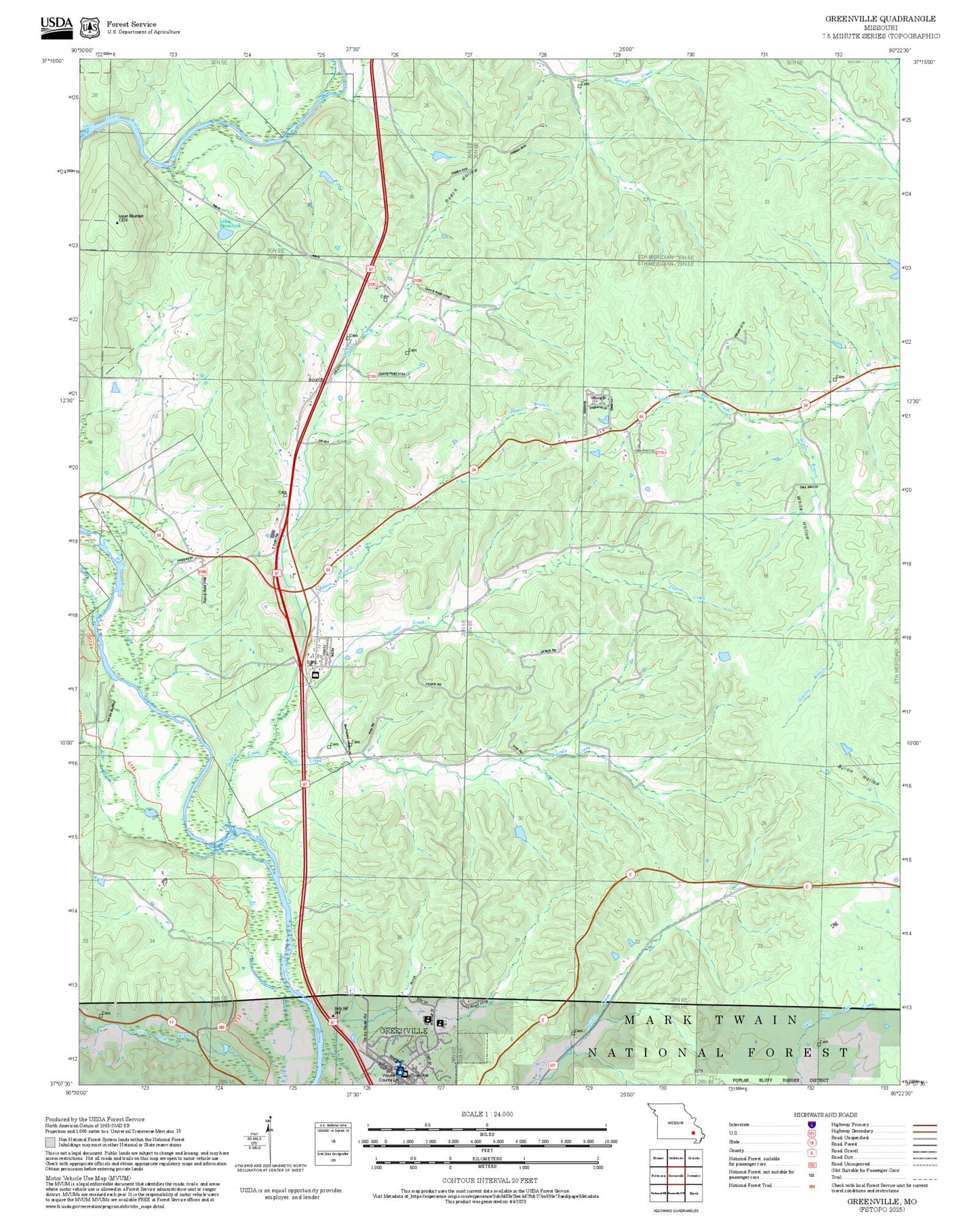 2025 Forest Service Topo Map of Greenville Missouri