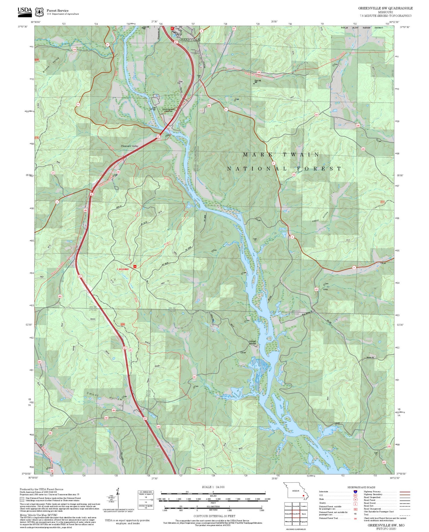 2025 Forest Service Topo Map of Greenville SW Missouri