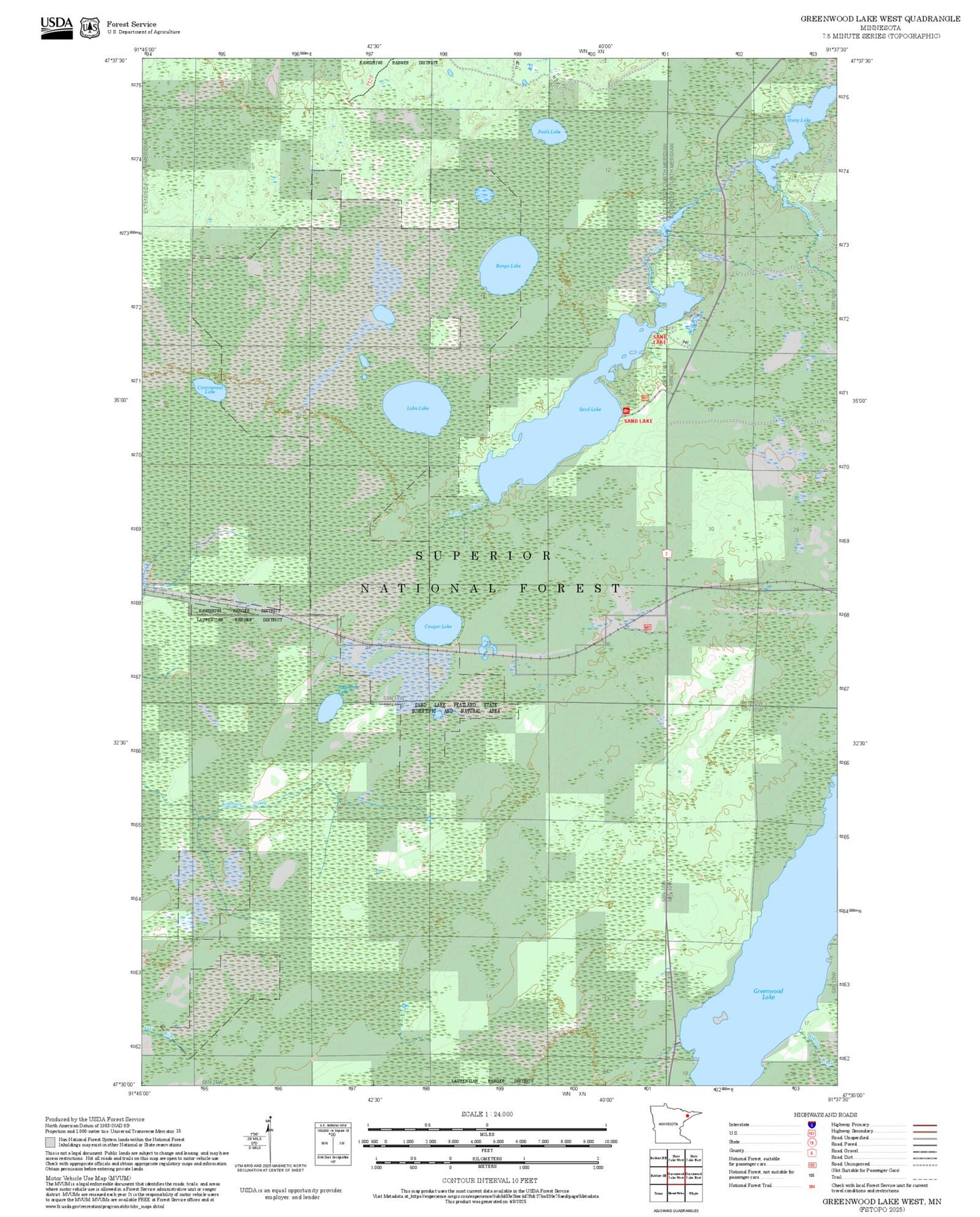 2025 Forest Service Topo Map of Greenwood Lake West Minnesota