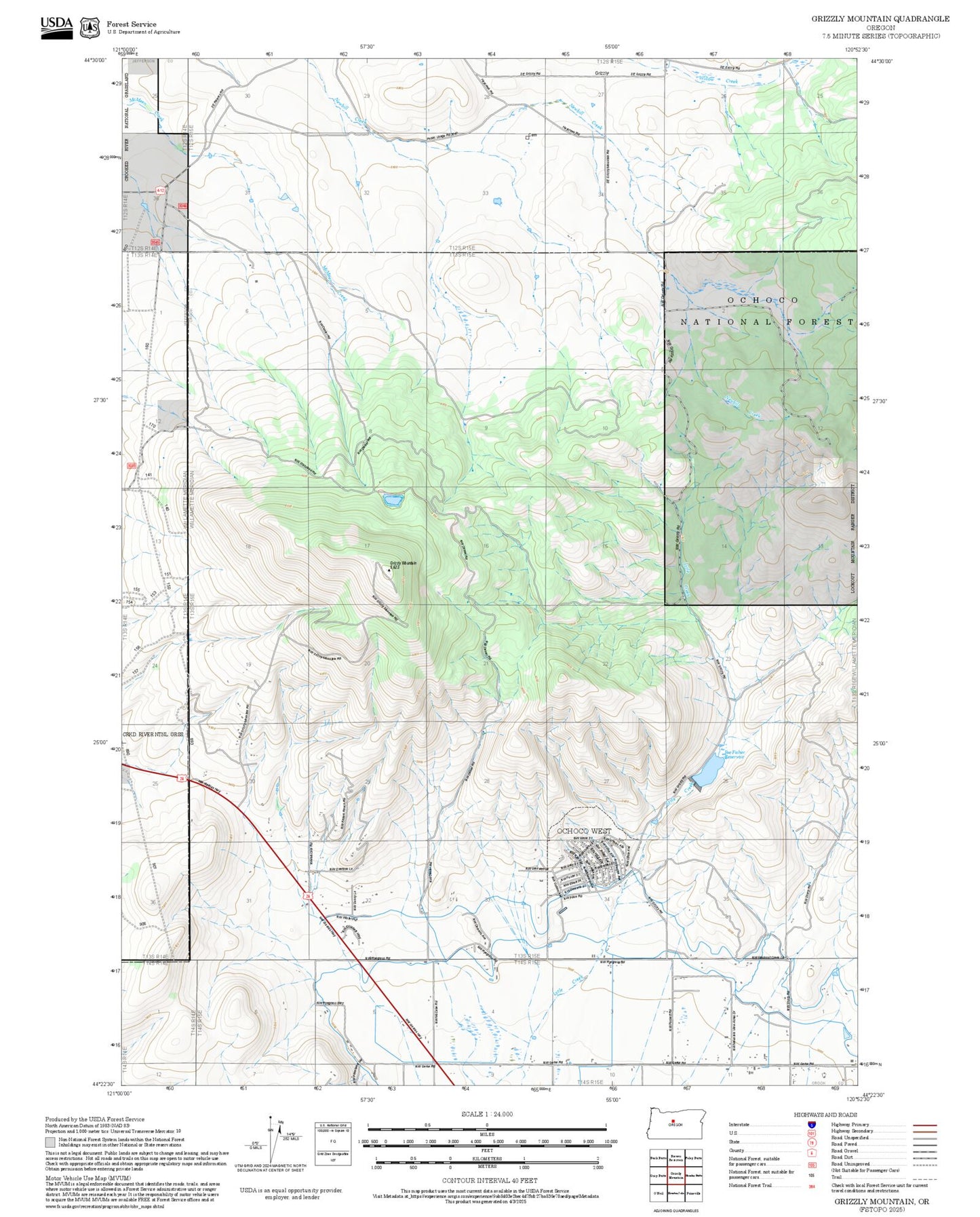 2025 Forest Service Topo Map of Grizzly Mountain Oregon