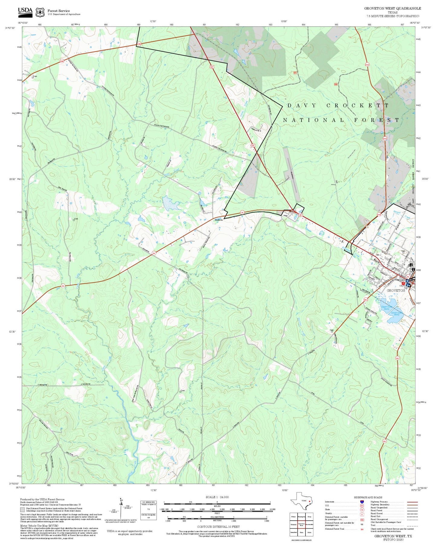 2025 Forest Service Topo Map of Groveton West Texas