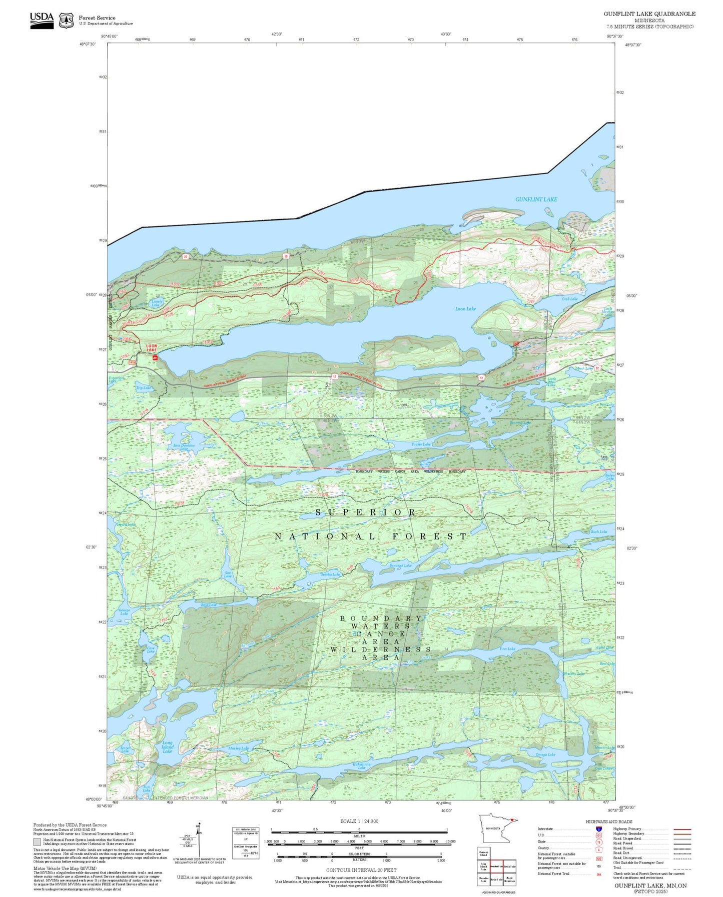 2025 Forest Service Topo Map of Gunflint Lake Minnesota