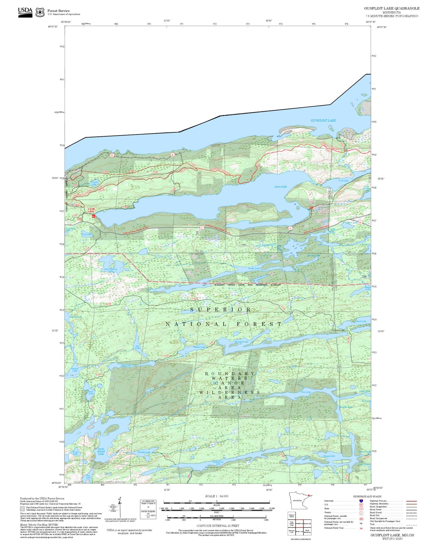 2025 Forest Service Topo Map of Gunflint Lake Minnesota