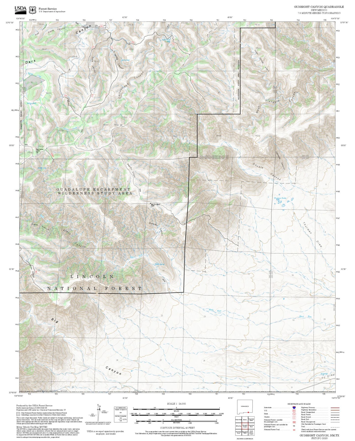 2025 Forest Service Topo Map of Gunsight Canyon New Mexico