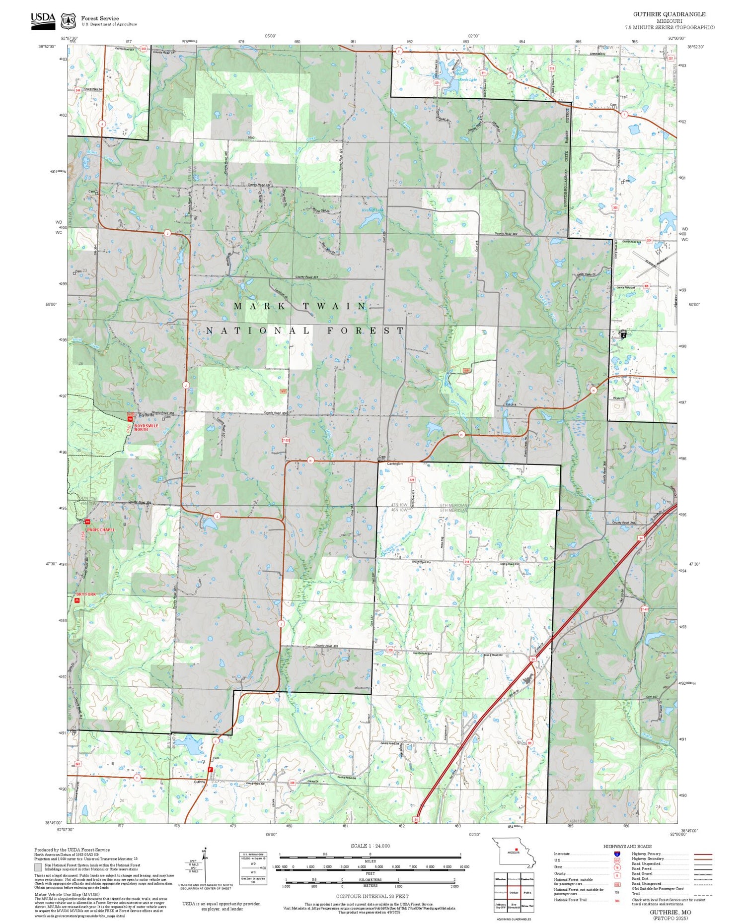 2025 Forest Service Topo Map of Guthrie Missouri
