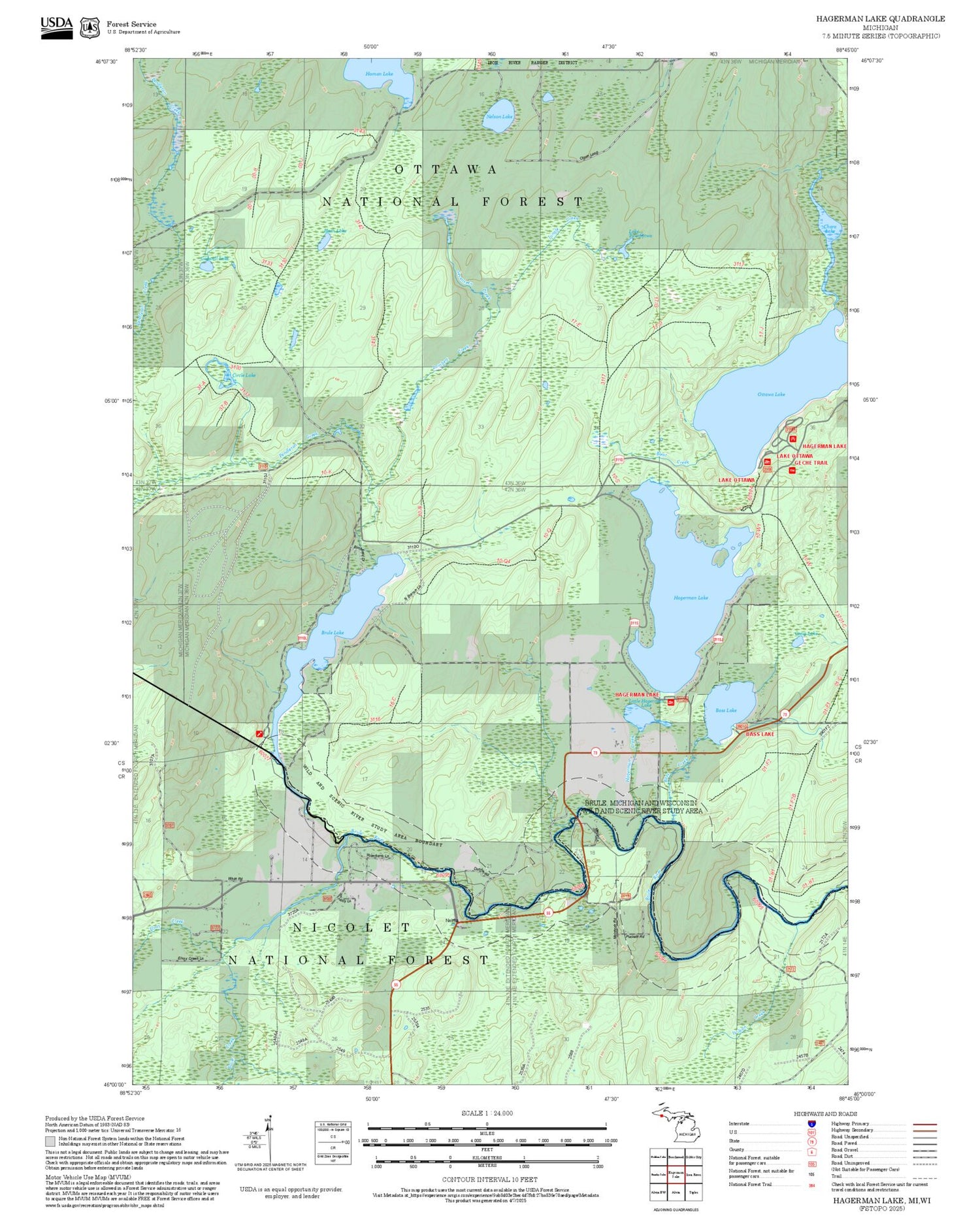 2025 Forest Service Topo Map of Hagerman Lake Michigan