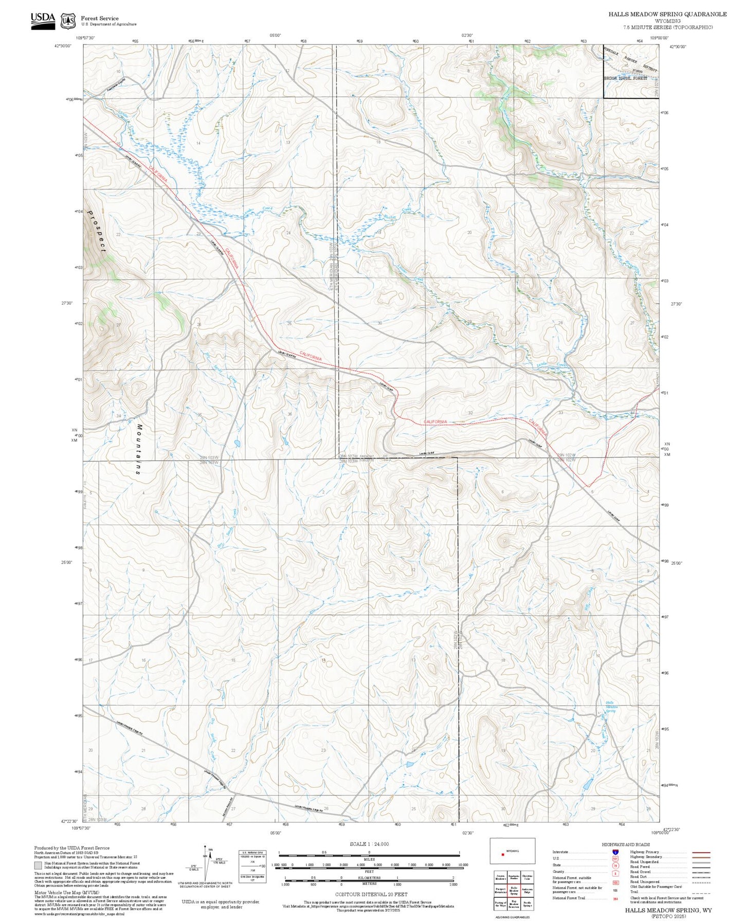 2025 Forest Service Topo Map of Halls Meadow Spring Wyoming