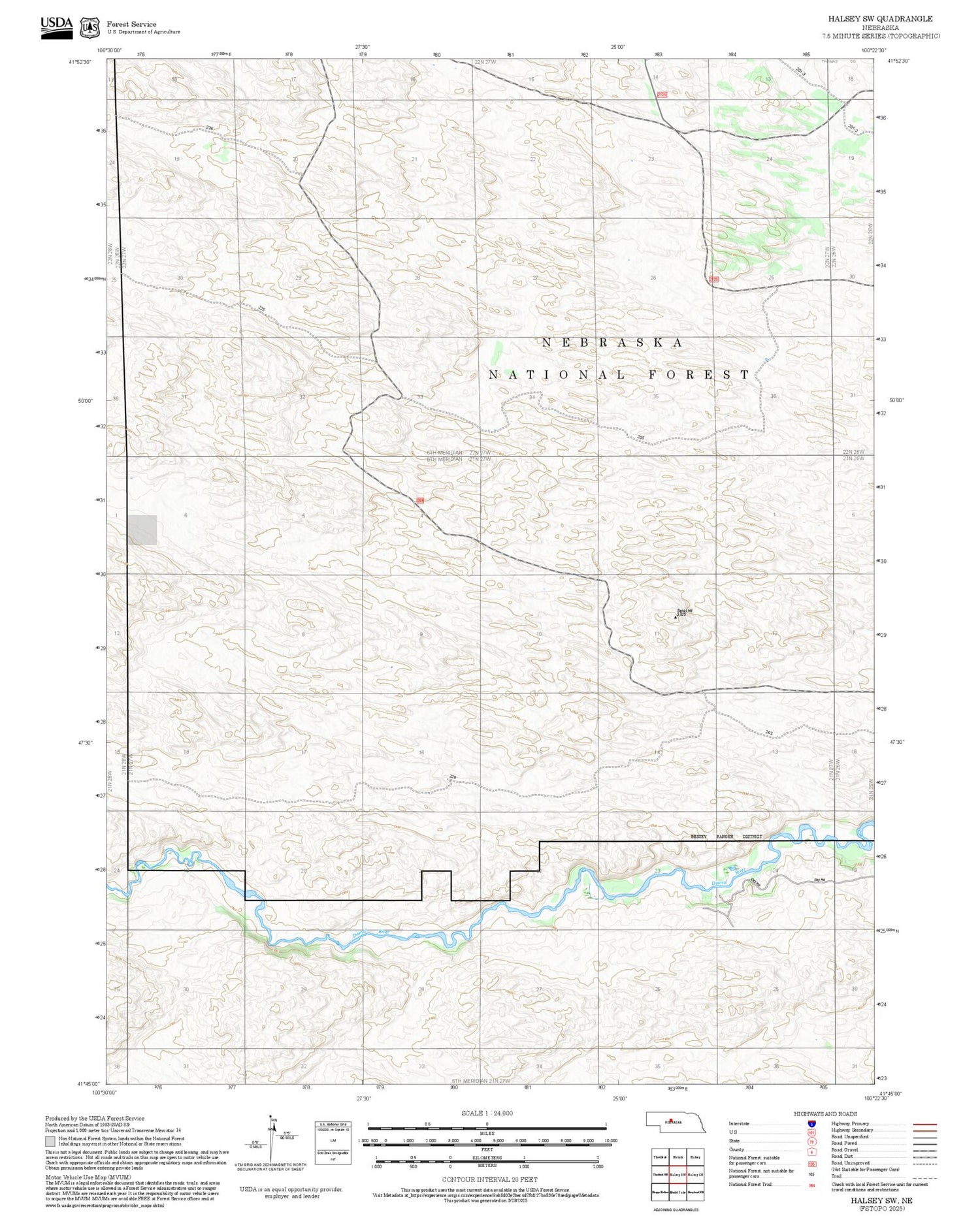 2025 Forest Service Topo Map of Halsey SW Nebraska