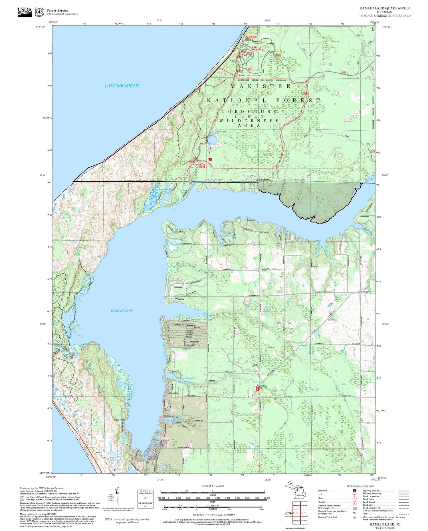 2025 Forest Service Topo Map of Hamlin Lake Michigan