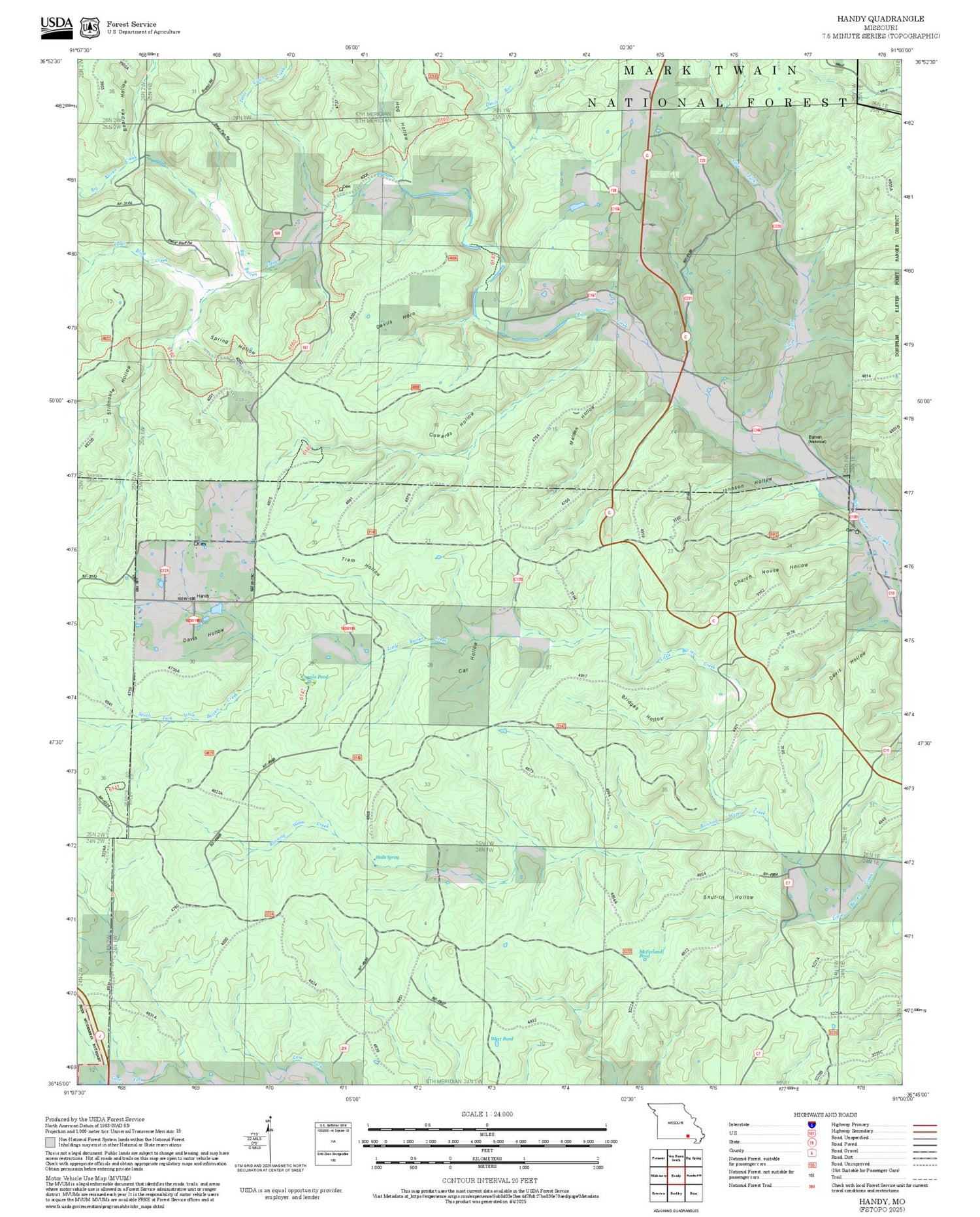 2025 Forest Service Topo Map of Handy Missouri
