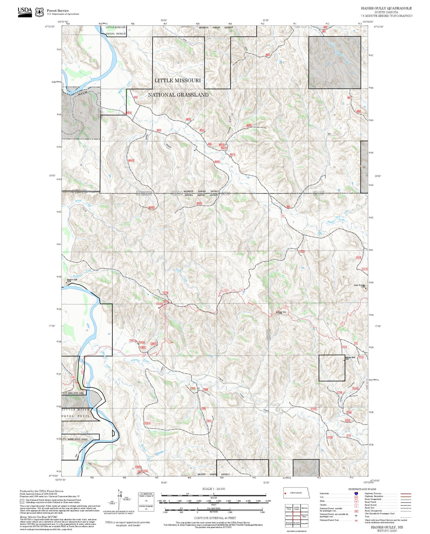2025 Forest Service Topo Map of Hanks Gully North Dakota