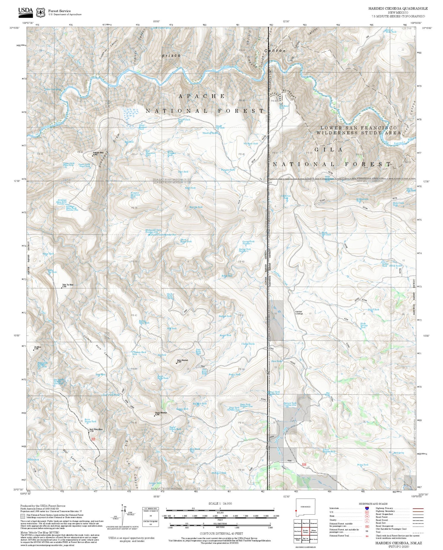 2025 Forest Service Topo Map of Harden Cienega New Mexico