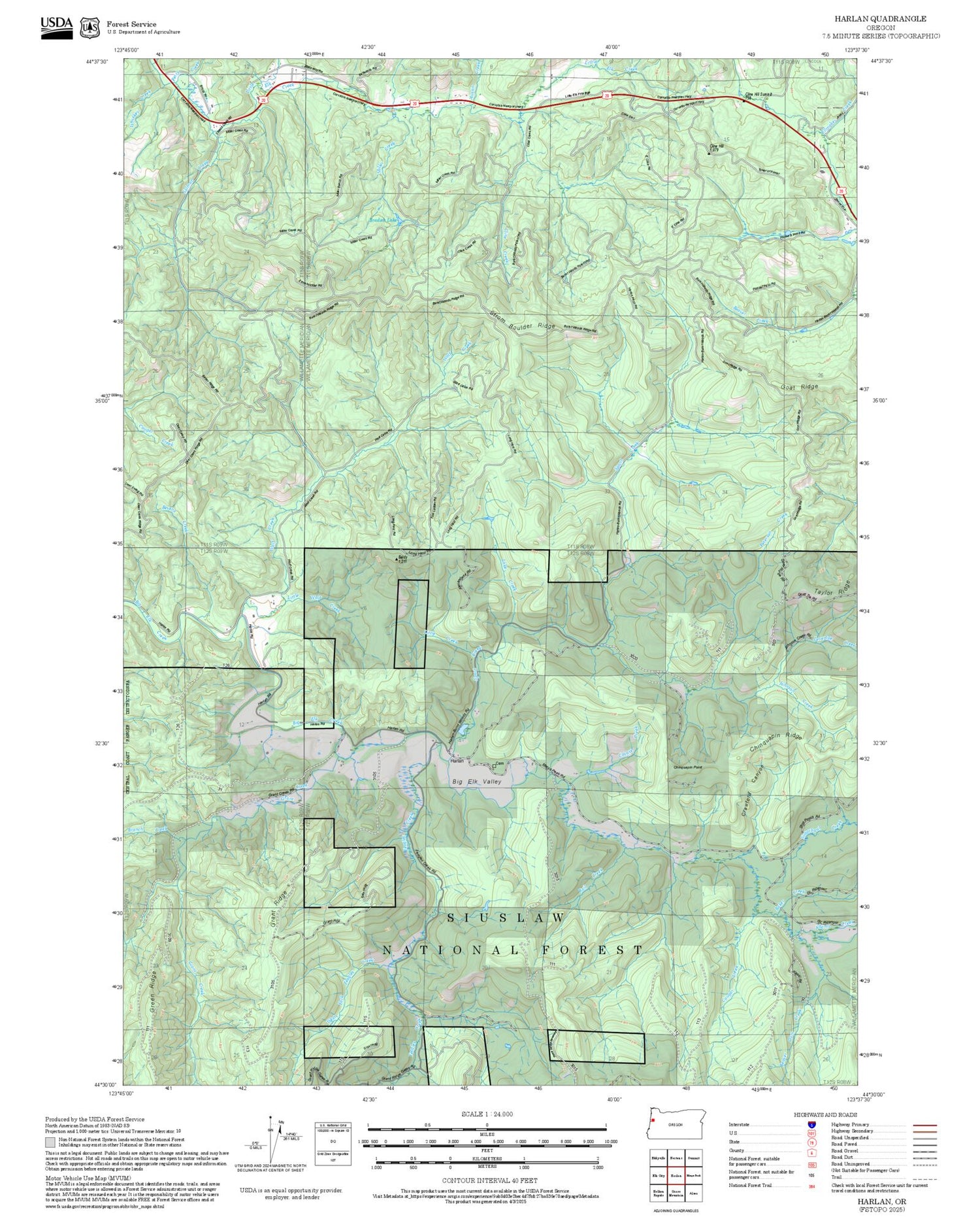 2025 Forest Service Topo Map of Harlan Oregon