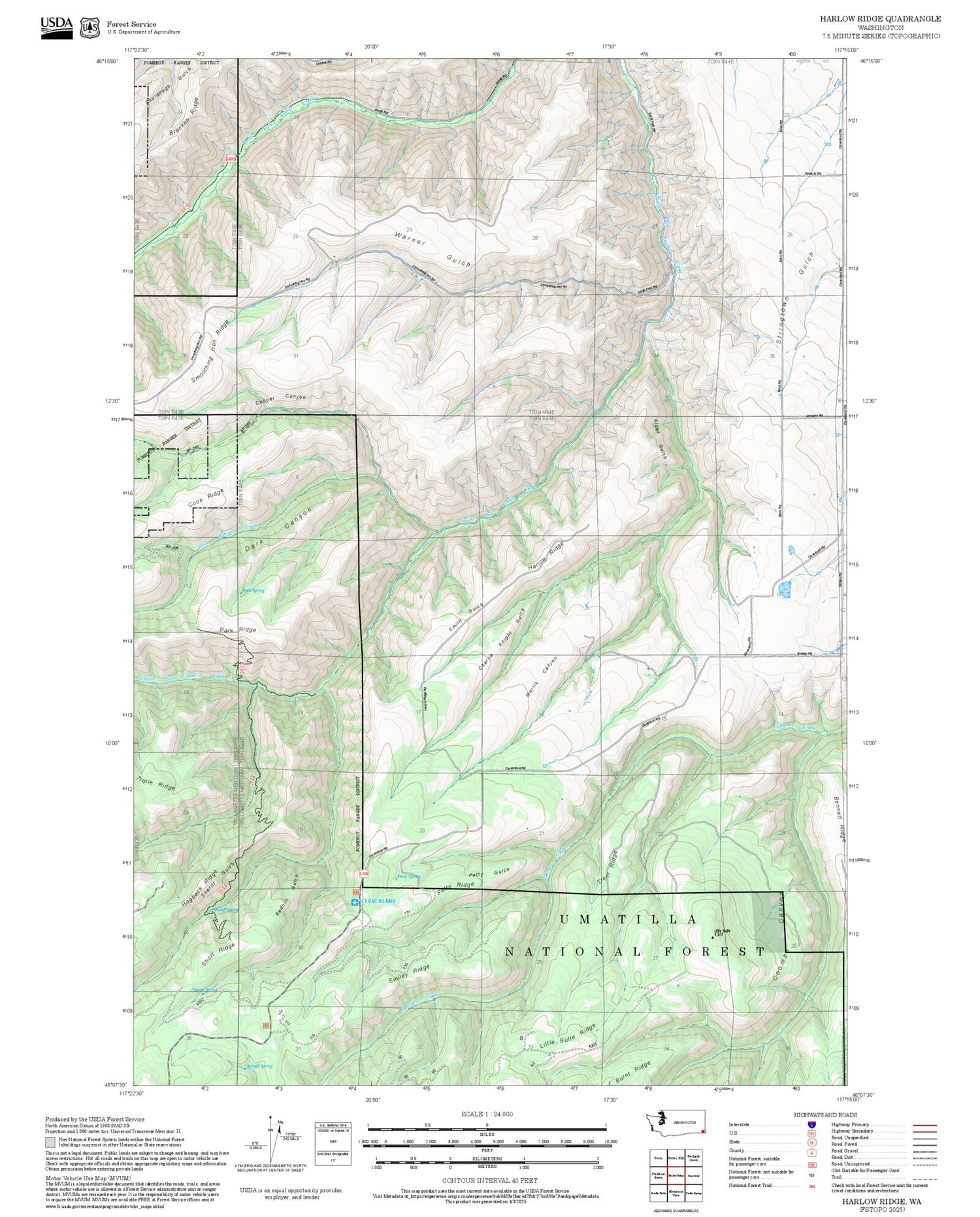 2025 Forest Service Topo Map of Harlow Ridge Washington