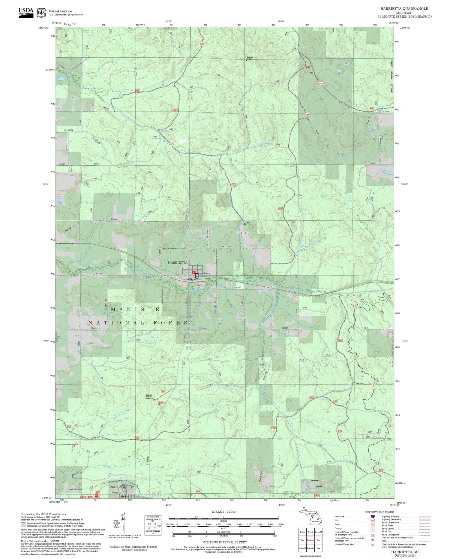 2025 Forest Service Topo Map of Harrietta Michigan