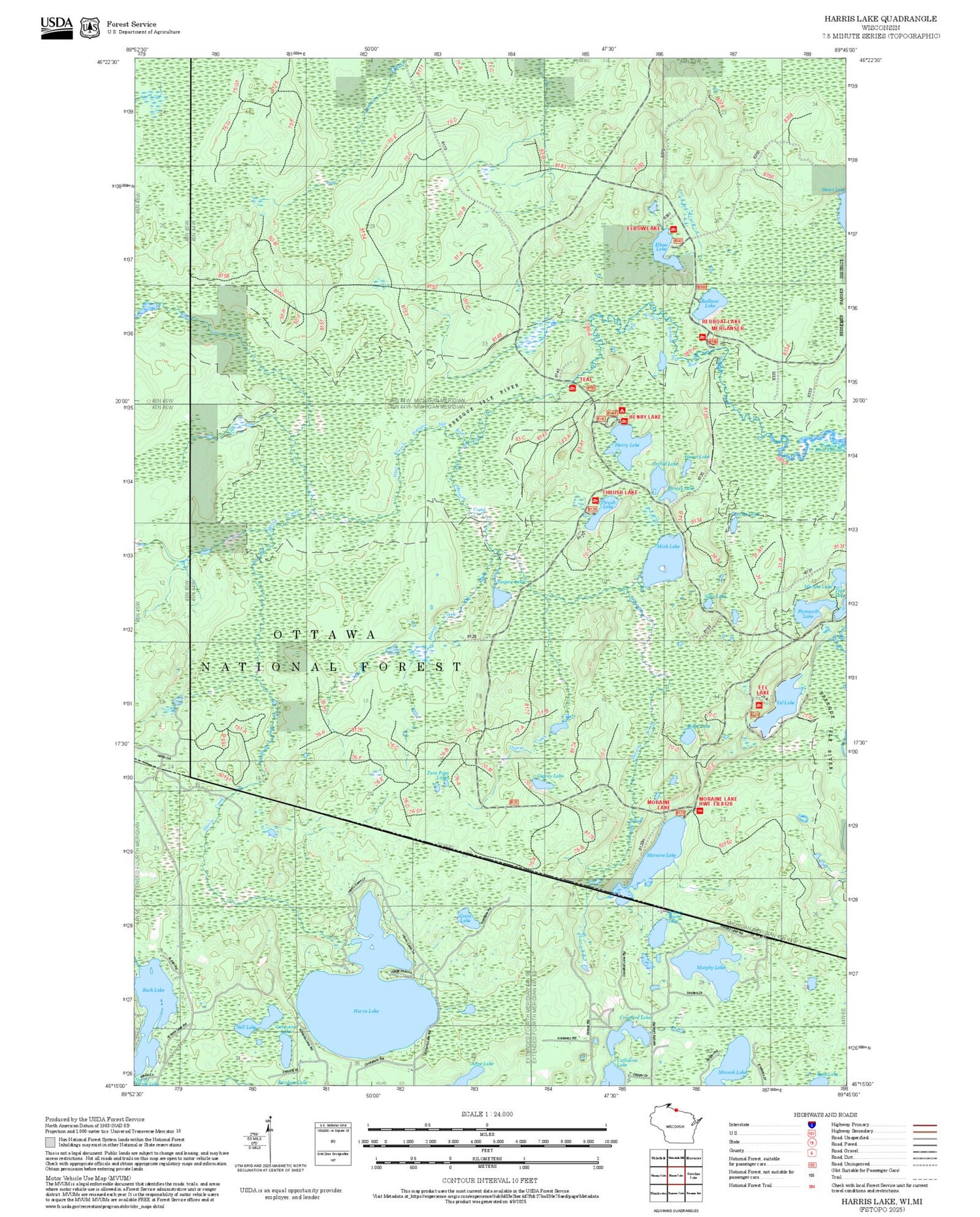 2025 Forest Service Topo Map of Harris Lake Wisconsin