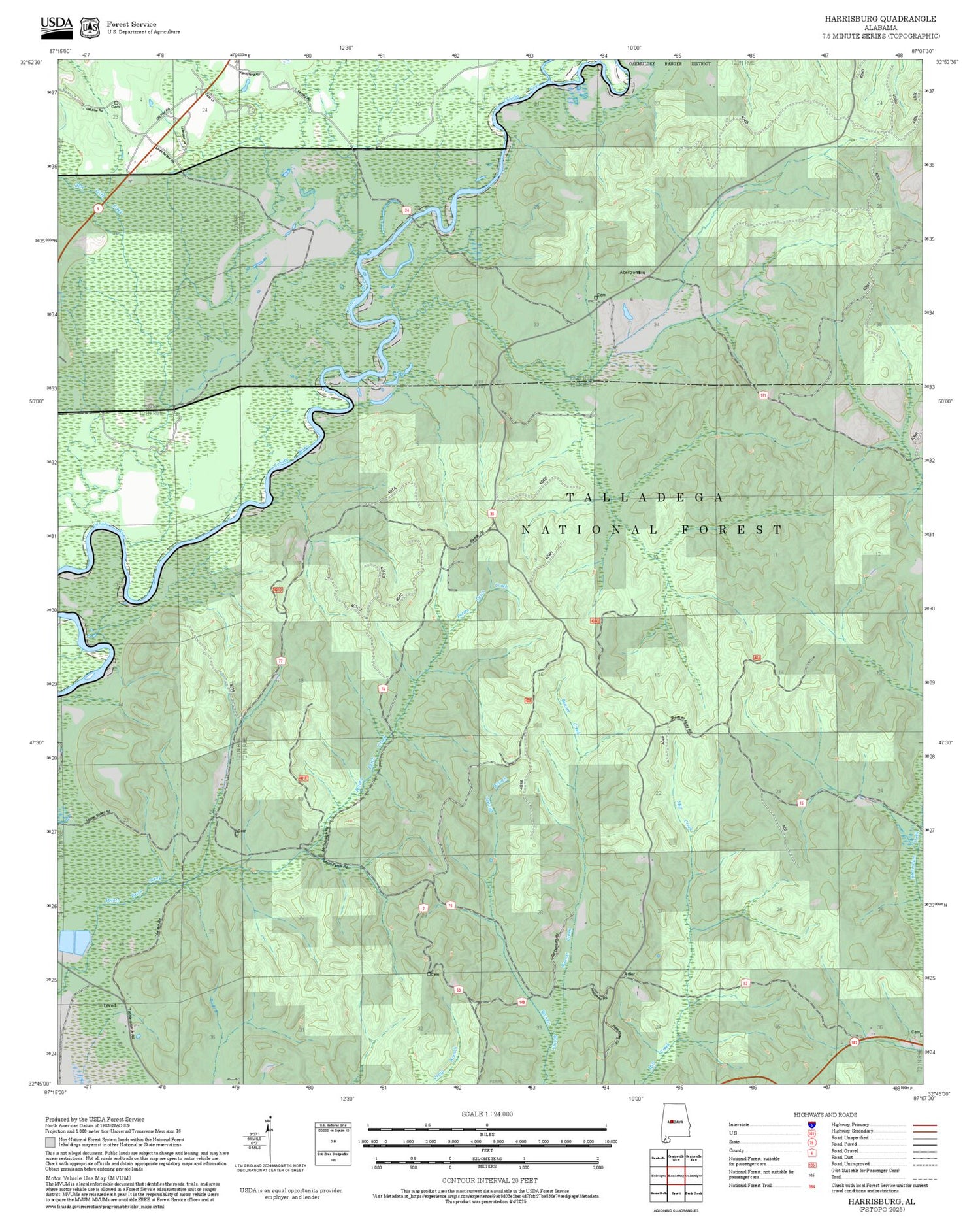 2025 Forest Service Topo Map of Harrisburg Alabama