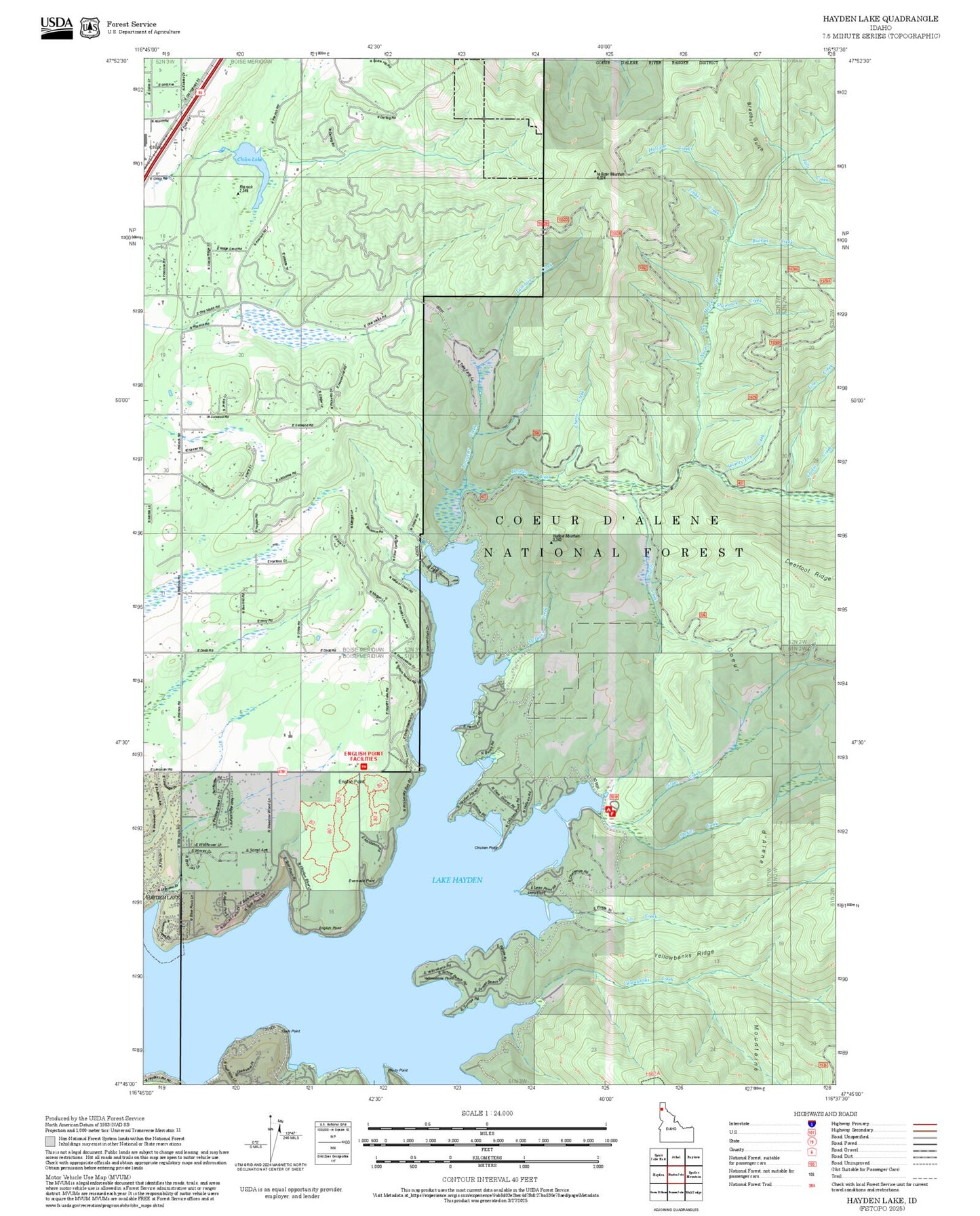 2025 Forest Service Topo Map of Hayden Lake Idaho
