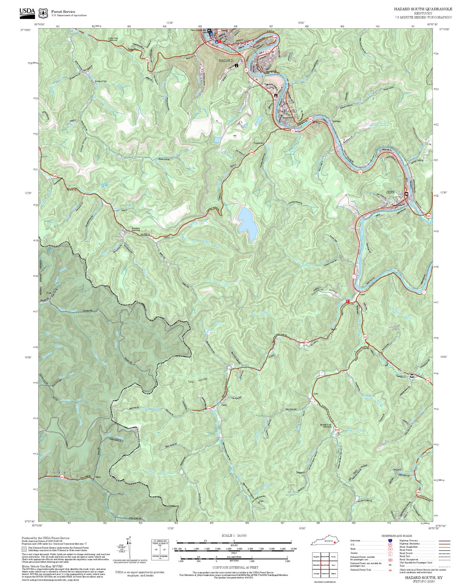 2025 Forest Service Topo Map of Hazard South Kentucky