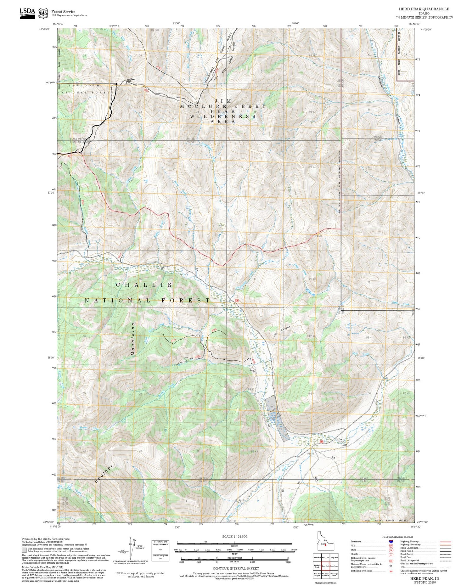 2025 Forest Service Topo Map of Herd Peak Idaho