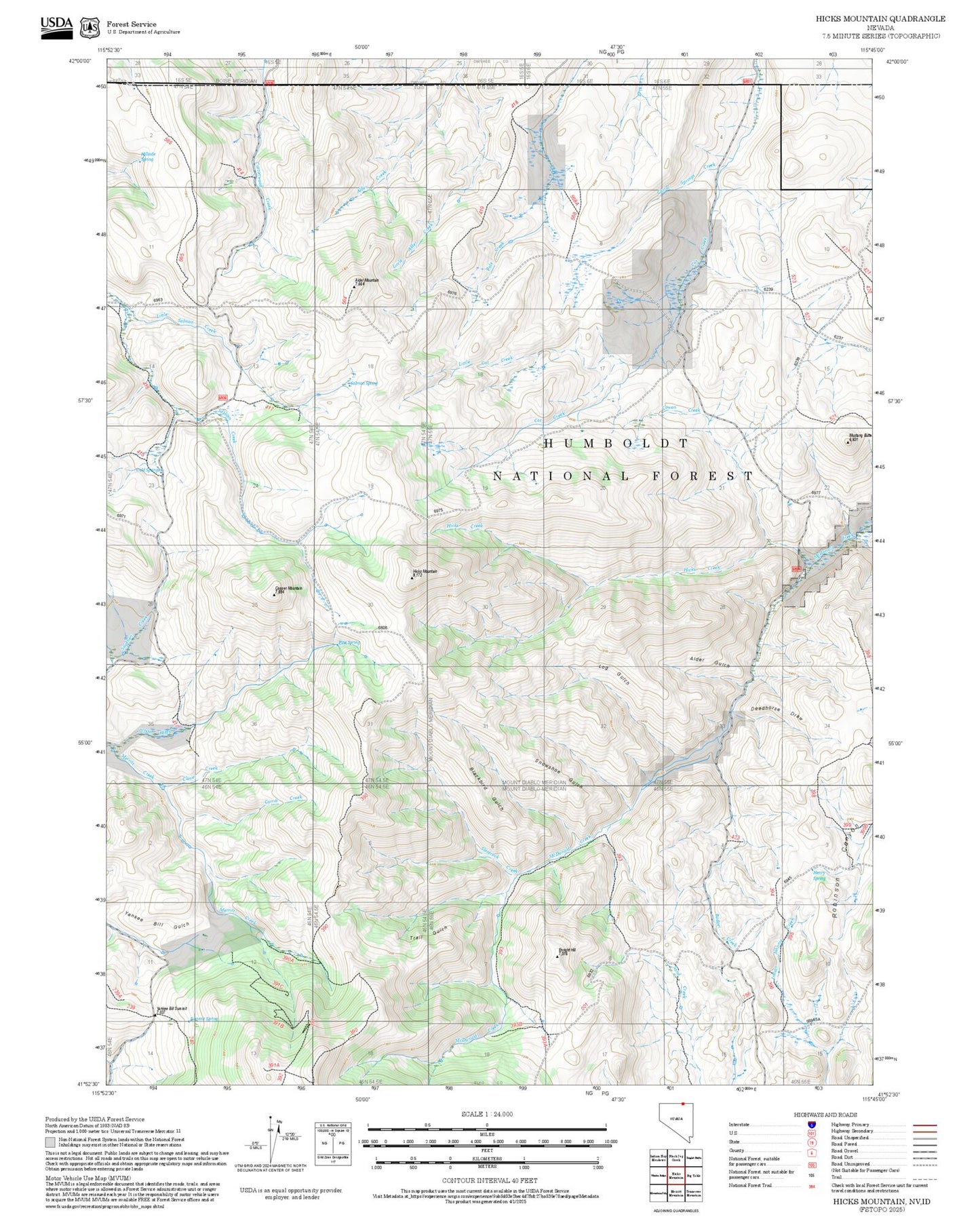 2025 Forest Service Topo Map of Hicks Mountain Nevada