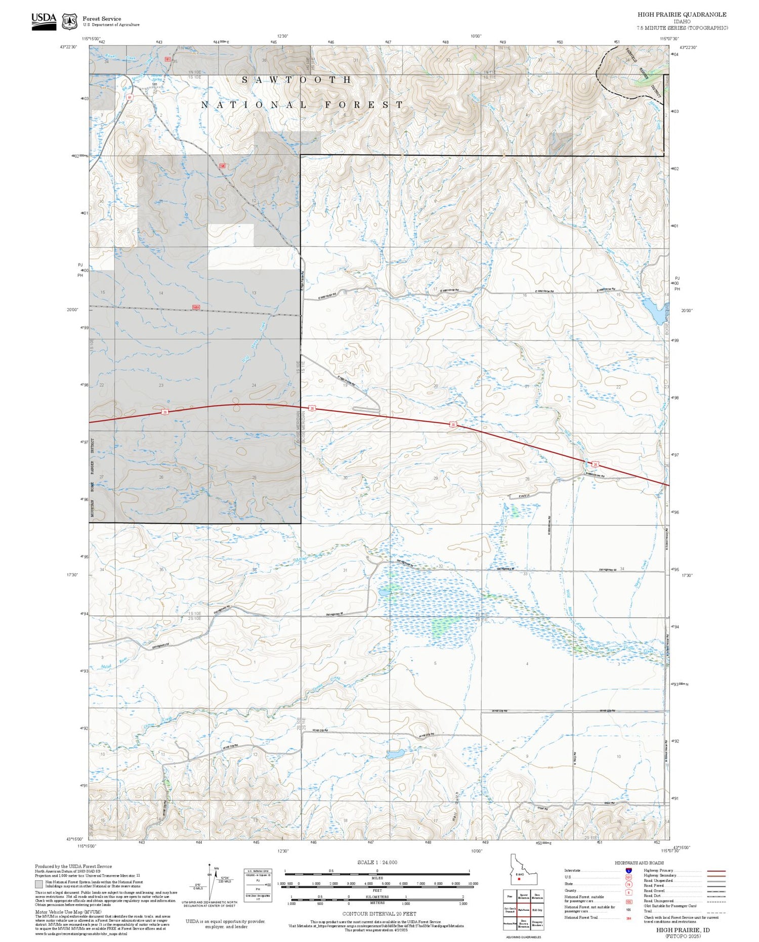 2025 Forest Service Topo Map of High Prairie Idaho