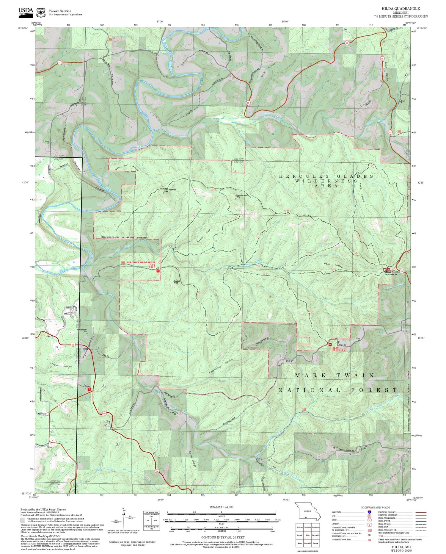 2025 Forest Service Topo Map of Hilda Missouri