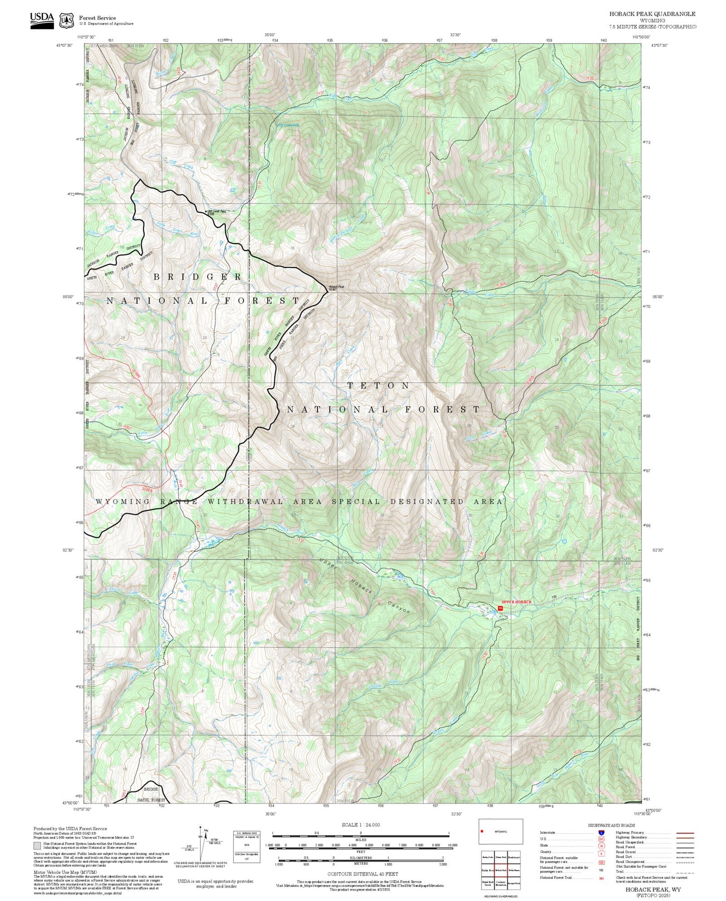 2025 Forest Service Topo Map of Hoback Peak Wyoming