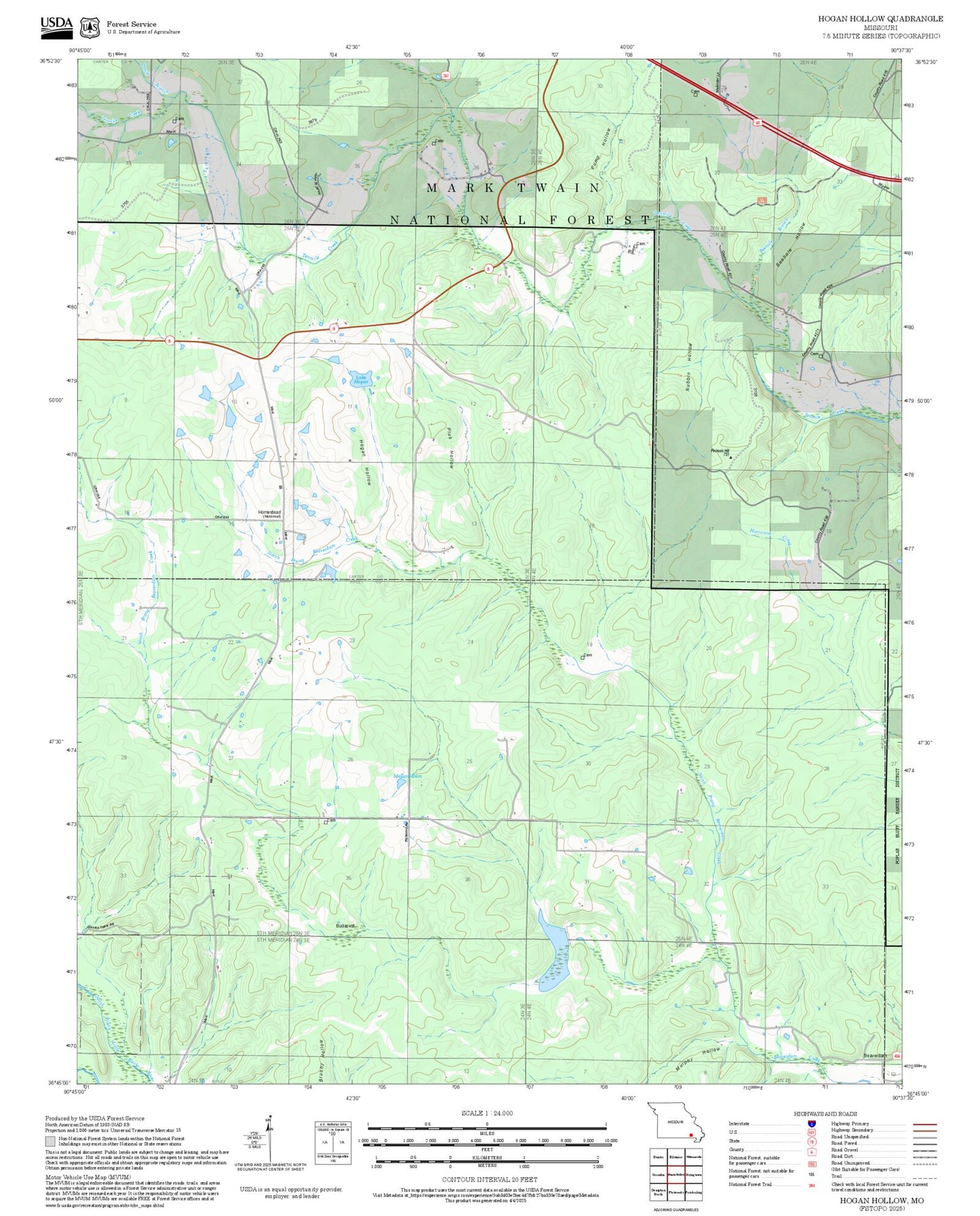 2025 Forest Service Topo Map of Hogan Hollow Missouri