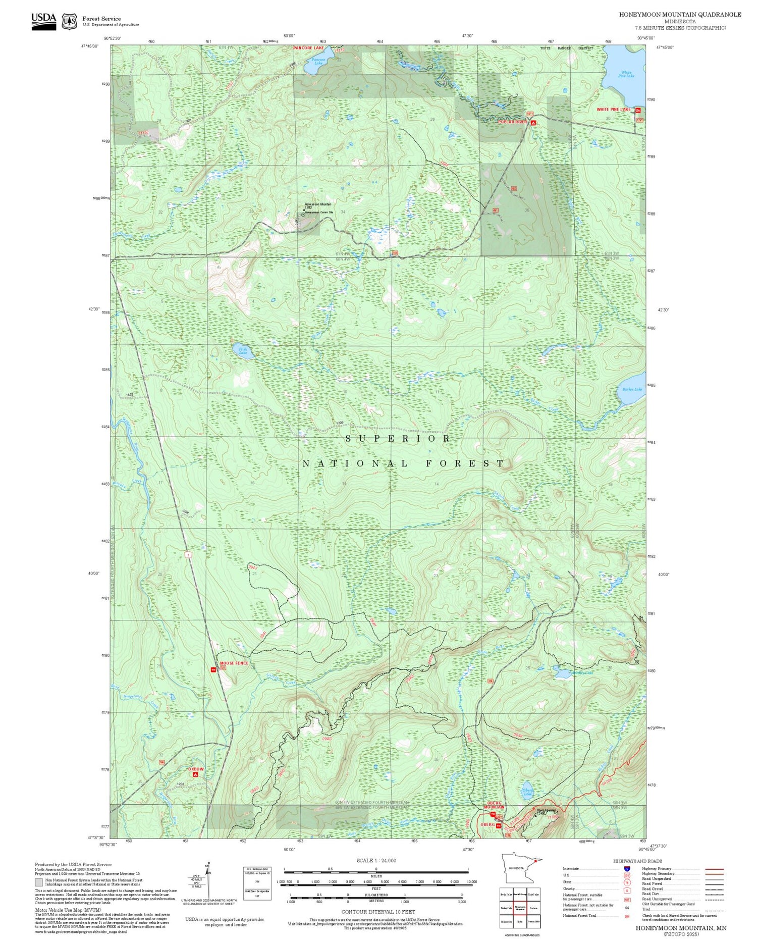 2025 Forest Service Topo Map of Honeymoon Mountain Minnesota