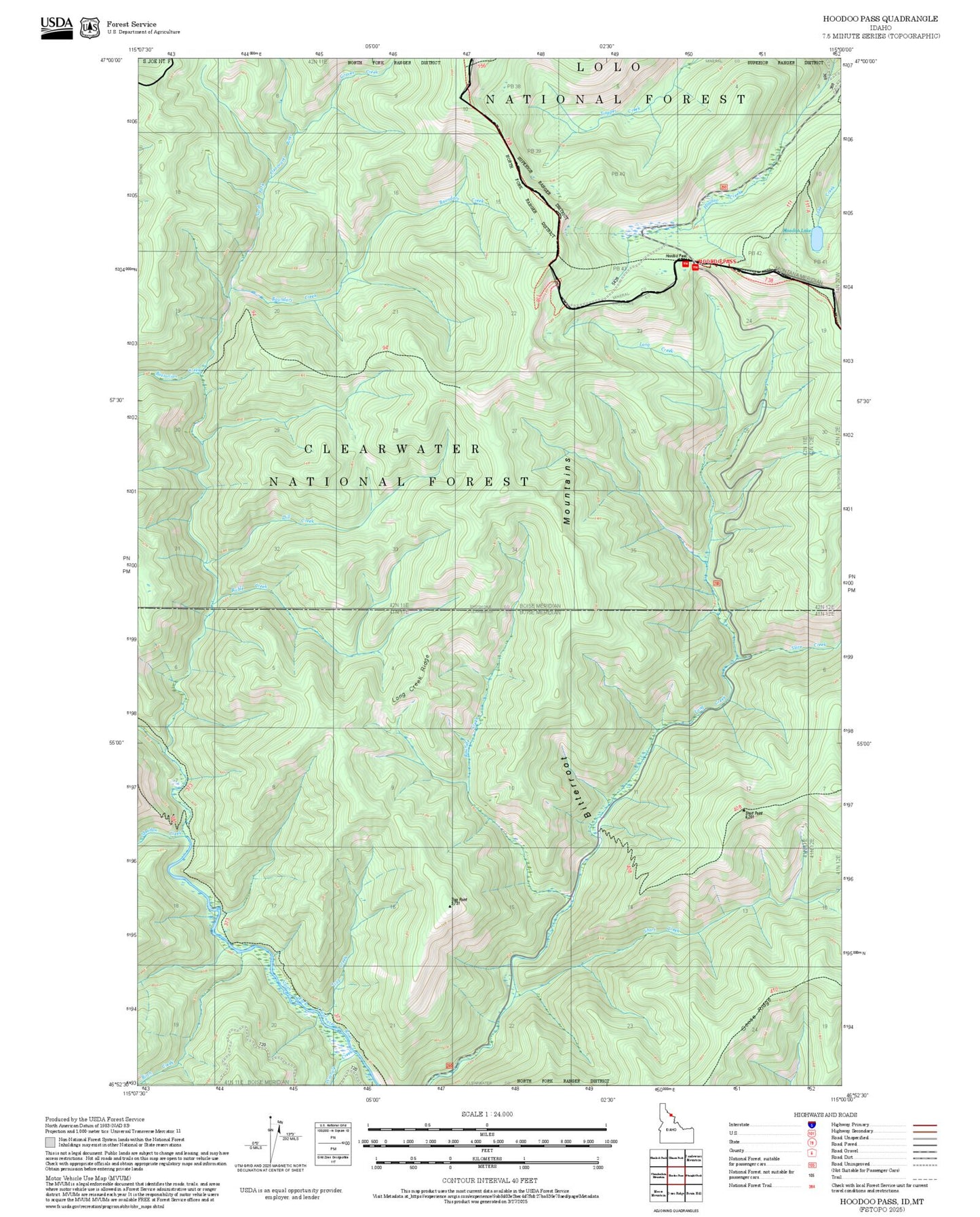 2025 Forest Service Topo Map of Hoodoo Pass Idaho