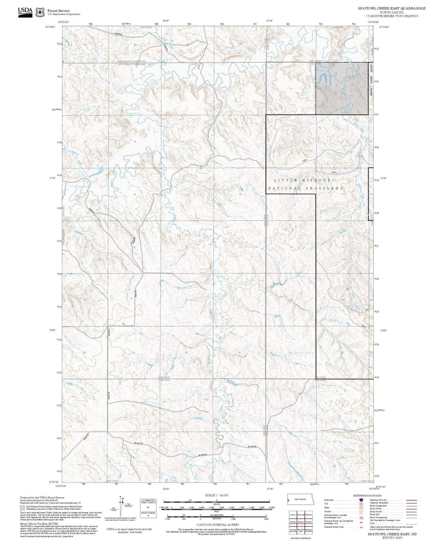 2025 Forest Service Topo Map of Hootowl Creek East North Dakota