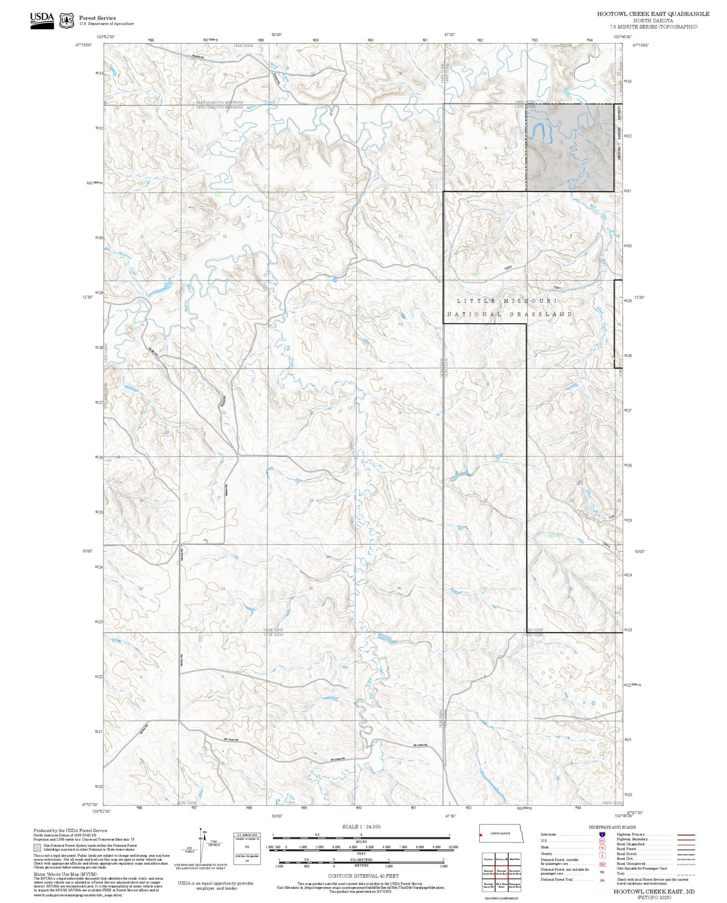 2025 Forest Service Topo Map of Hootowl Creek East North Dakota